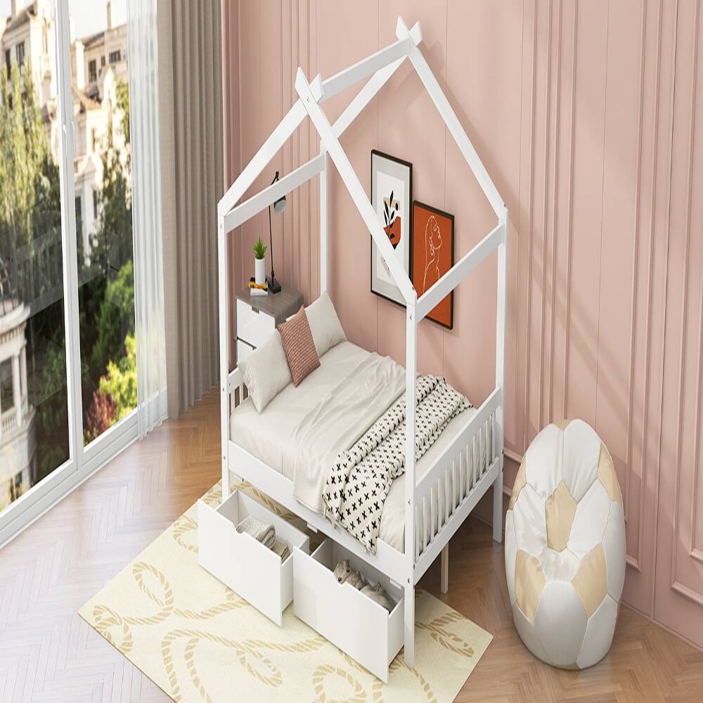 Alt View 2. Loheer - Loheer Full Size House Platform Bed with Two Drawers, Roof Design White Bed Frame for Kids - White.