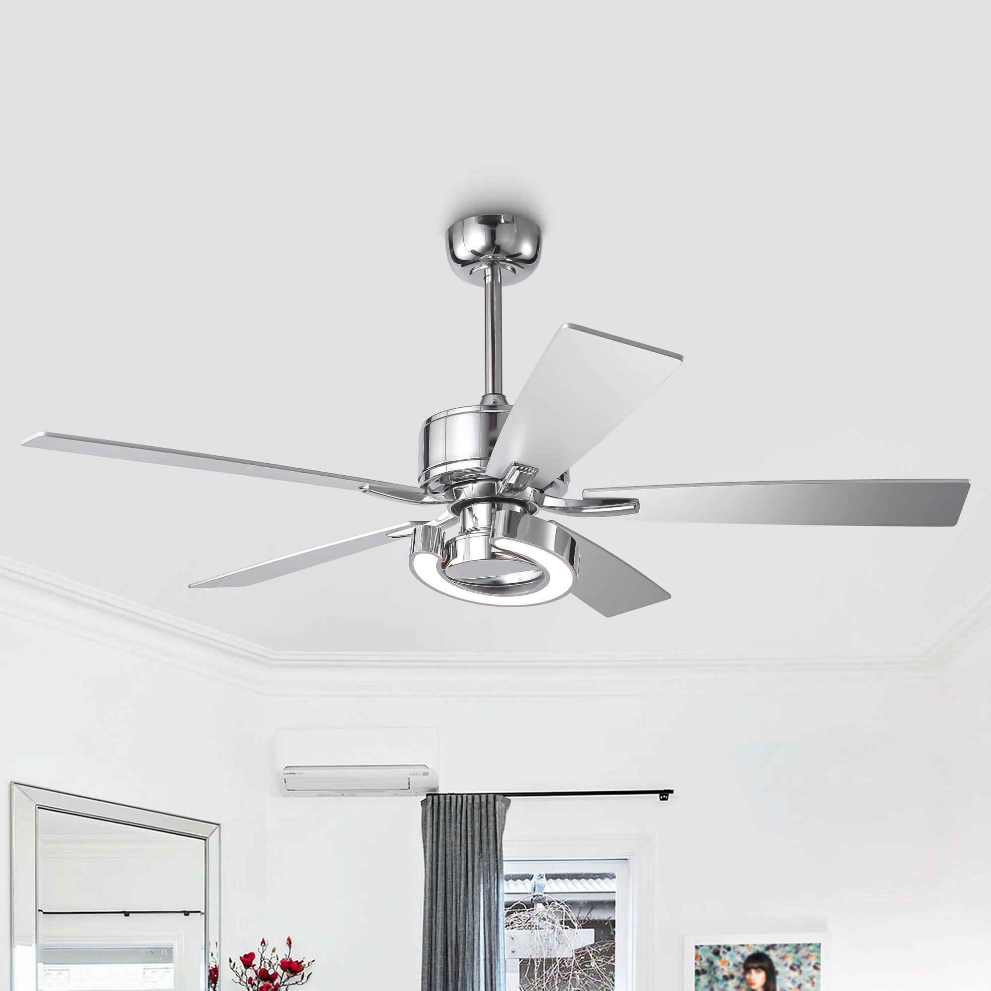 Angle. Parrot Uncle - 52" Chrome Modern Dimmable LED Indoor Ceiling Fan with Light and Remote - Chrome.