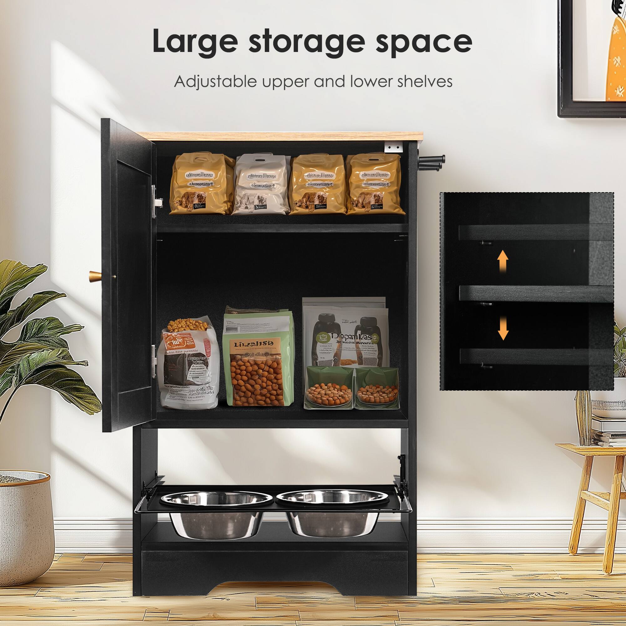 Large storage space  
Adjustable upper and lower shelves