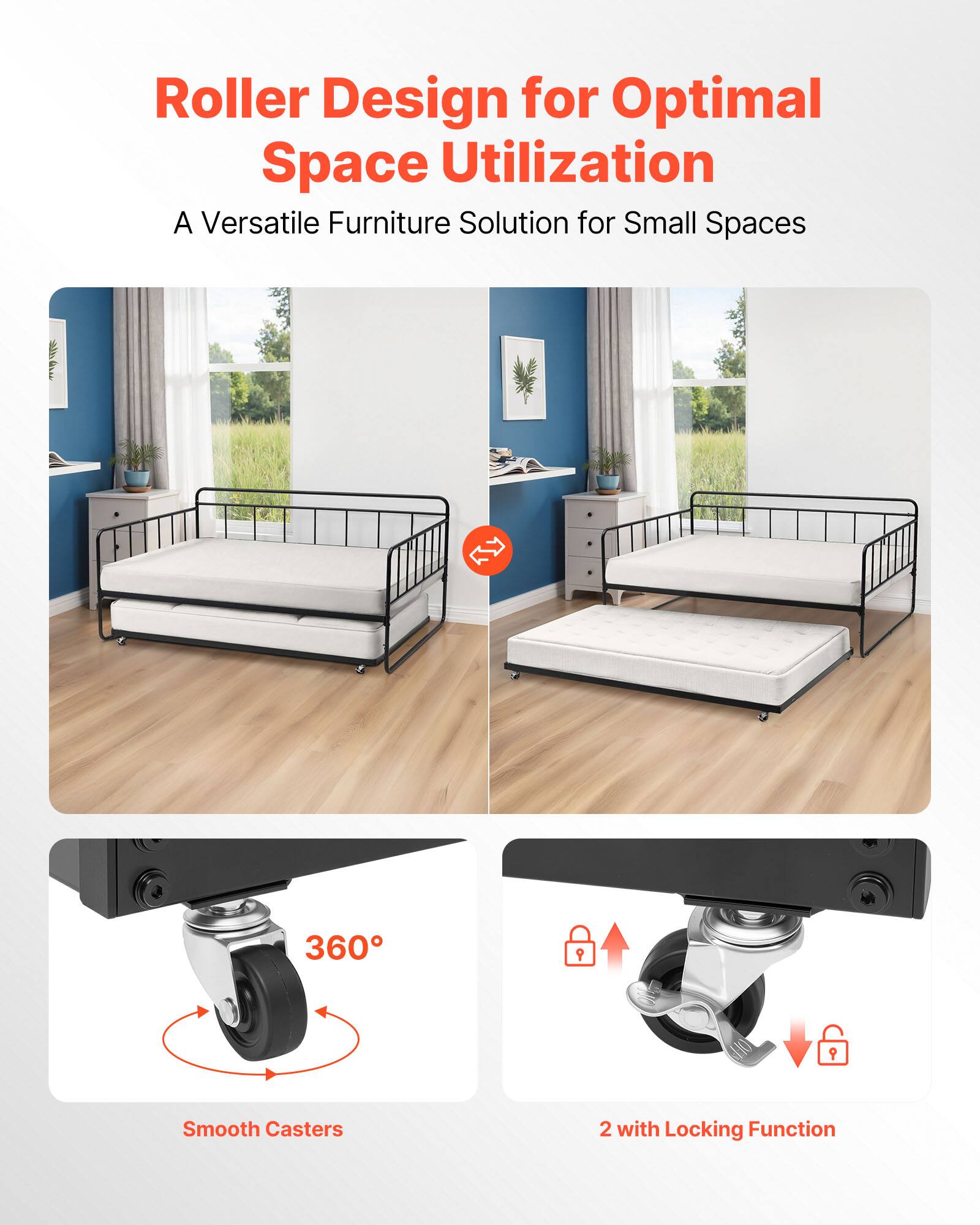 Roller Design for Optimal Space Utilization  
A Versatile Furniture Solution for Small Spaces  

360° Smooth Casters  
2 with Locking Function