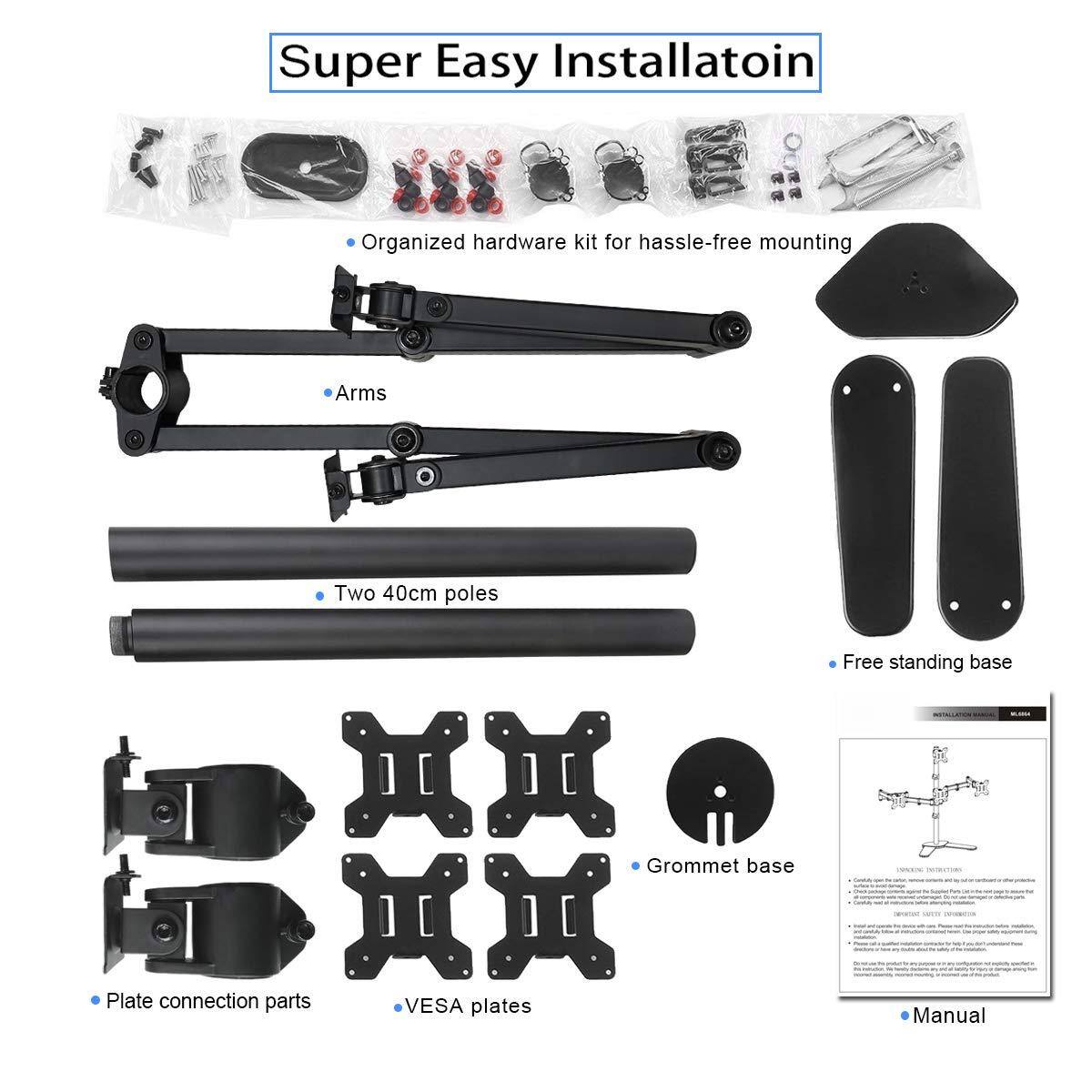 Super Easy Installation

- Organized hardware kit for hassle-free mounting
- Arms
- Two 40cm poles
- Free standing base
- Grommet base
- Plate connection parts
- VESA plates
- Manual
