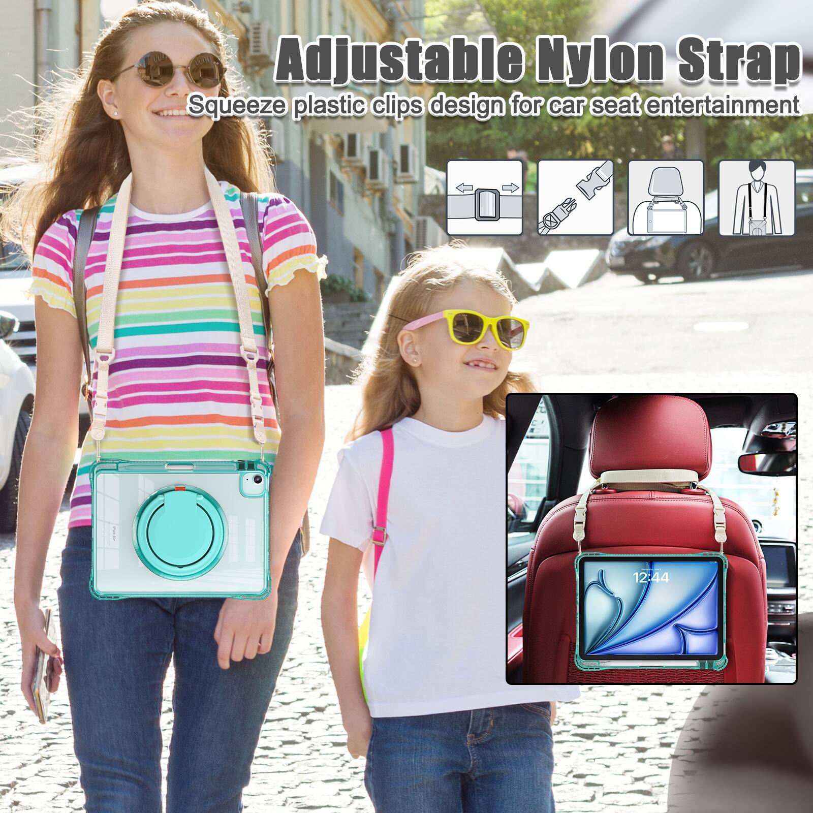 Adjustable Nylon Strap  
Squeeze plastic clips design for car seat entertainment