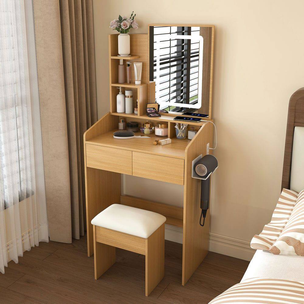 Alt View 4. Kadyn - Vanity Table with LED Mirror and Power Outlet, Compact Dressing Desk - Wood Tone - Brown.