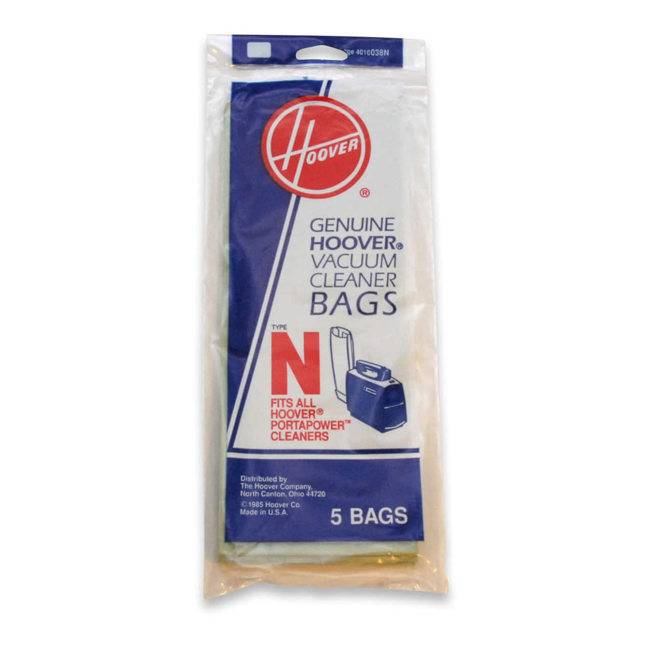 Genuine Hoover Vacuum Cleaner Bags  
Type N  
Fits all Hoover PortaPower Cleaners  
5 Bags  
Distributed by The Hoover Company, North Canton, Ohio 44720  
© 1985 Hoover Co  
Made in U.S.A.
