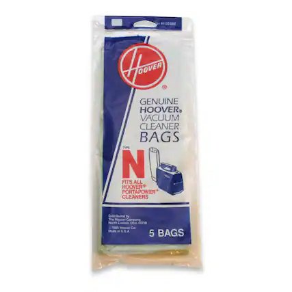 Genuine Hoover Vacuum Cleaner Bags
Type N
Fits all Hoover PortaPower Cleaners
5 Bags
Distributed by The Hoover Company, North Canton, Ohio 44720
© 1985 Hoover Co
Made in U.S.A.