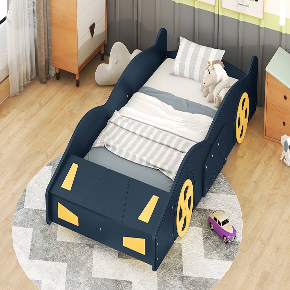 Back. Loheer - Loheer Twin Race Car Bed with Storage, Dark Blue Yellow Kids Bed - Dark Blue+Yellow.
