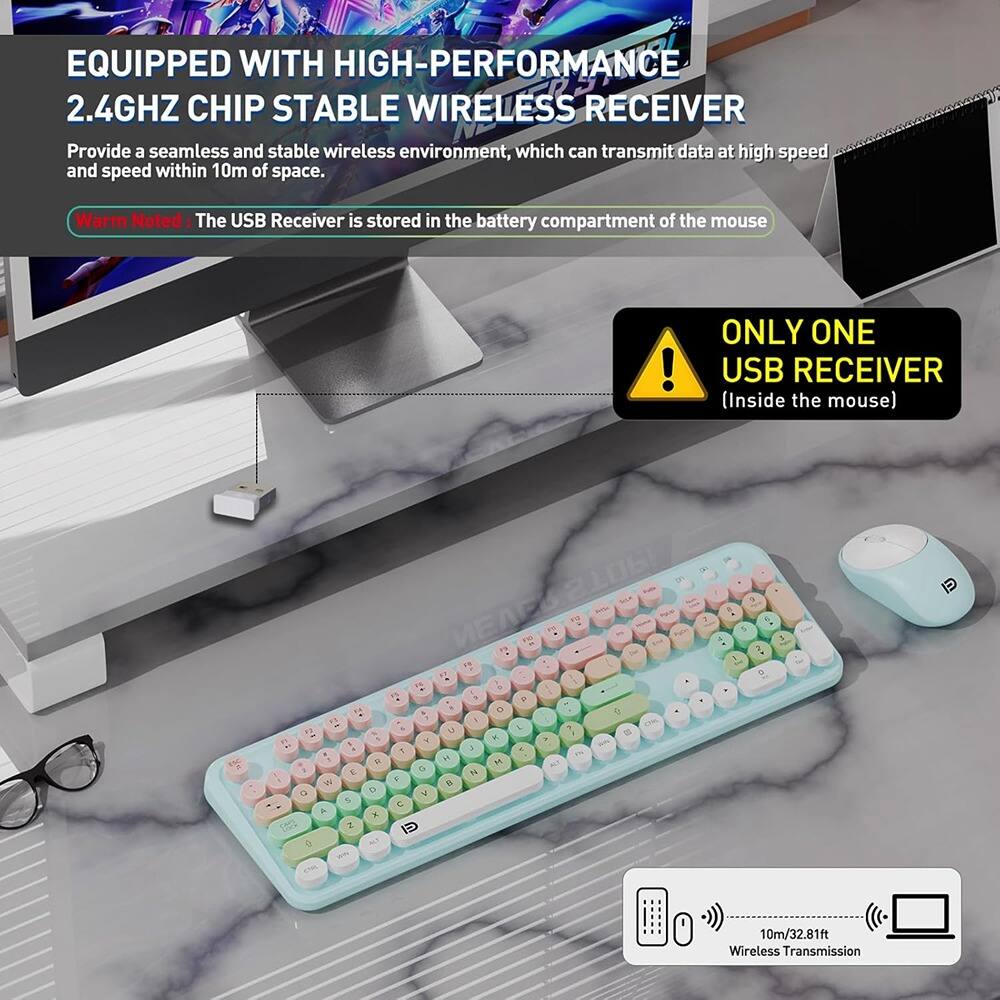 EQUIPPED WITH HIGH-PERFORMANCE 2.4GHZ CHIP STABLE WIRELESS RECEIVER

Provide a seamless and stable wireless environment, which can transmit data at high speed and speed within 10m of space.

Warm Noted: The USB Receiver is stored in the battery compartment of the mouse.

ONLY ONE USB RECEIVER (Inside the mouse)

10m/32.81ft Wireless Transmission