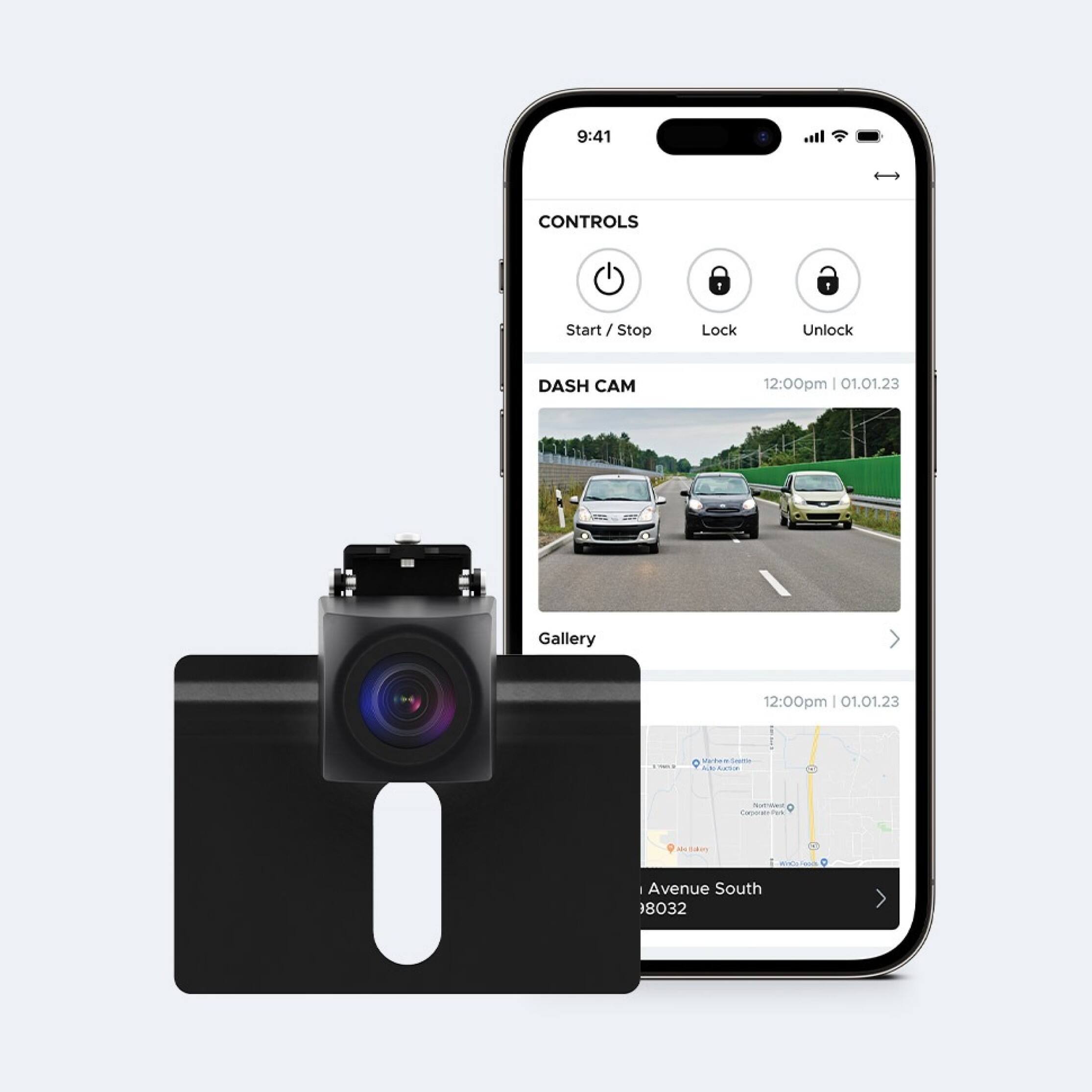 9:41 CONTROLS Start / Stop Lock Unlock DASH CAM 12:00pm | 01.01.23 Gallery 12:00pm | 01.01.23 - - Mtes i .... - Conn - Saay Avenue South 8032