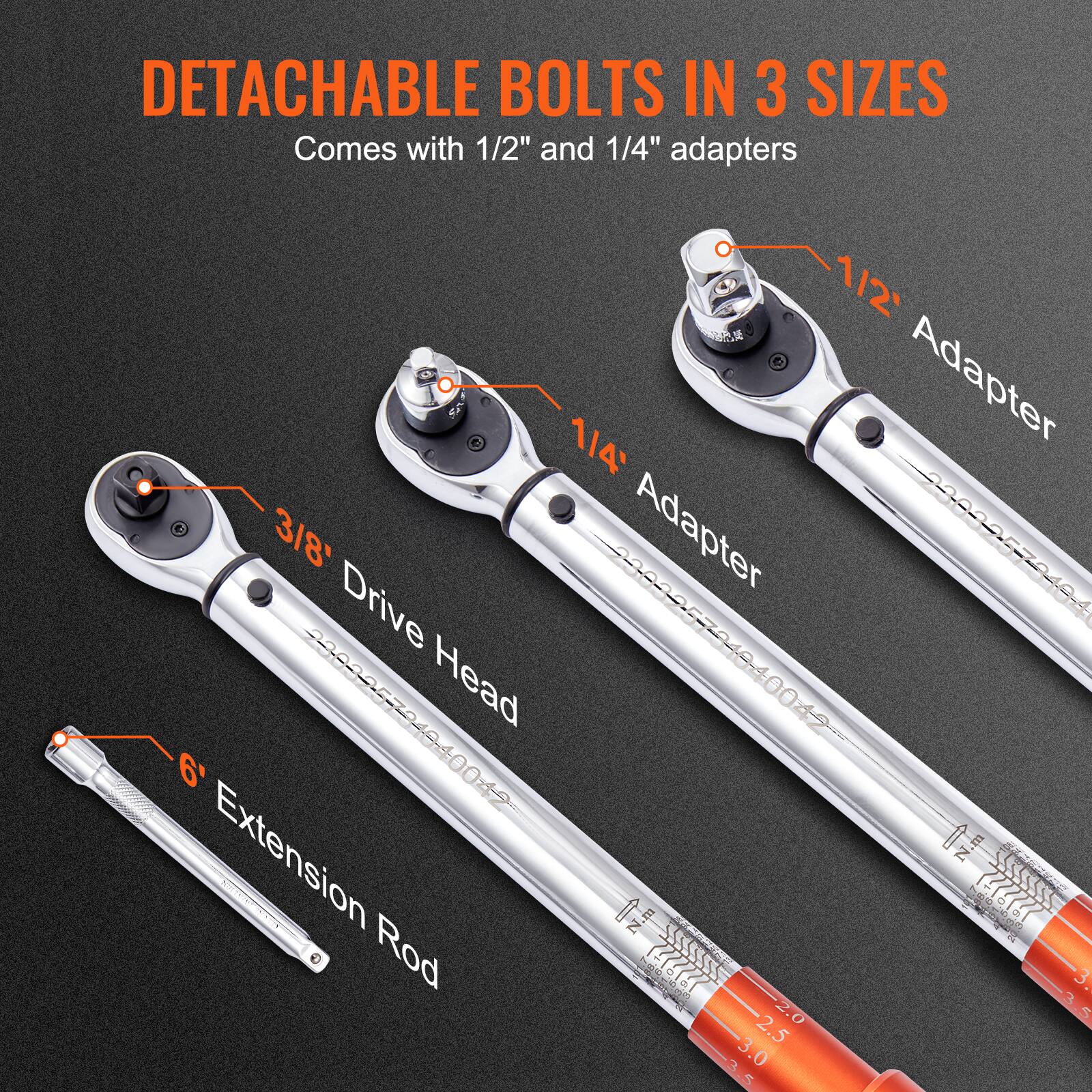 DETACHABLE BOLTS IN 3 SIZES  
Comes with 1/2" and 1/4" adapters  

- 3/8" Drive Head  
- 1/4" Adapter  
- 1/2" Adapter  
- 6" Extension Rod  

Torque: 0-49 N.m  

Sizes: 2.0, 2.5, 3.0, 3.5