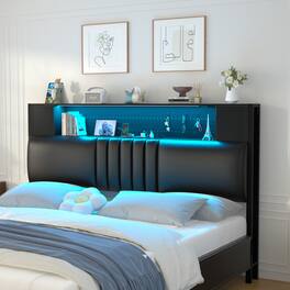 Aheaplus - Full Size Storage Headboard, Upholstered Headboard with Cabinets, LED Light, and Charging Station - Black