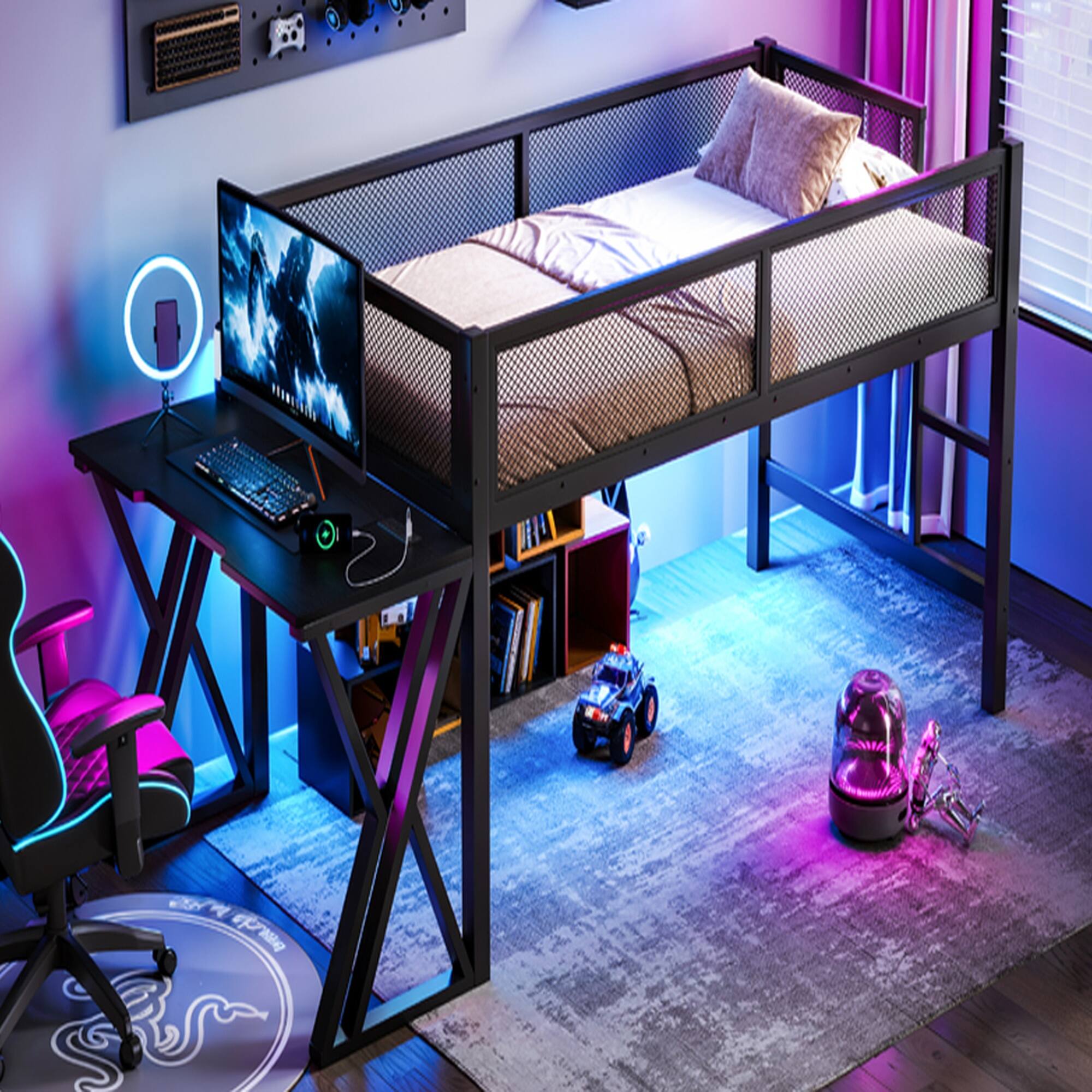 Alt View 4. Boyel Living - Twin XL Size Gaming Loft Bed with Desk of X Shaped Leg LED Lights USB Ports Staircase - Black.