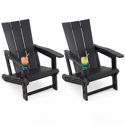 Front. Gymax - Gymax 2PCS Adirondack Chair w/ Cup Holder All-Weather HDPE Plastic Patio Chair - Black.