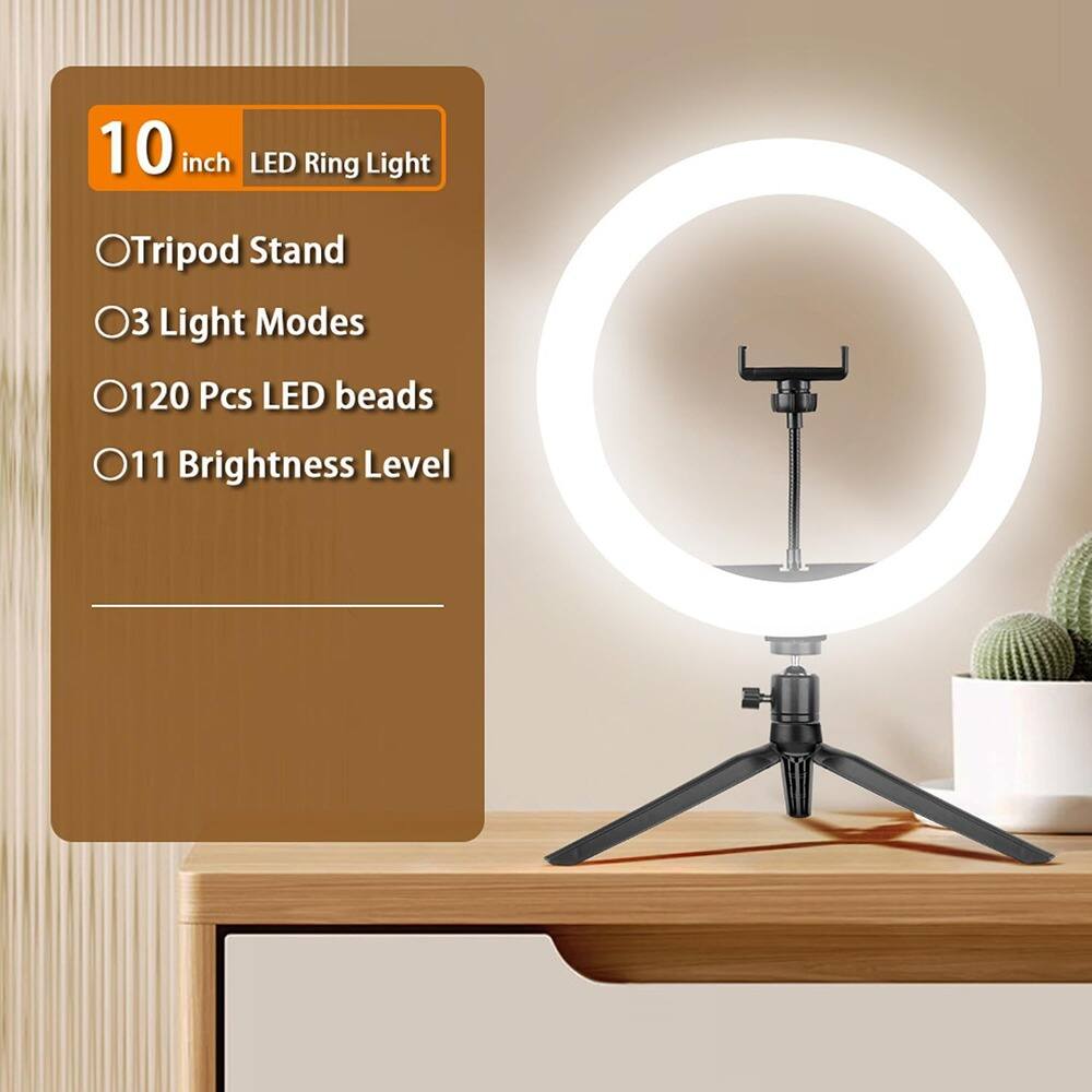 10 inch LED Ring Light  
- Tripod Stand  
- 3 Light Modes  
- 120 Pcs LED beads  
- 11 Brightness Level