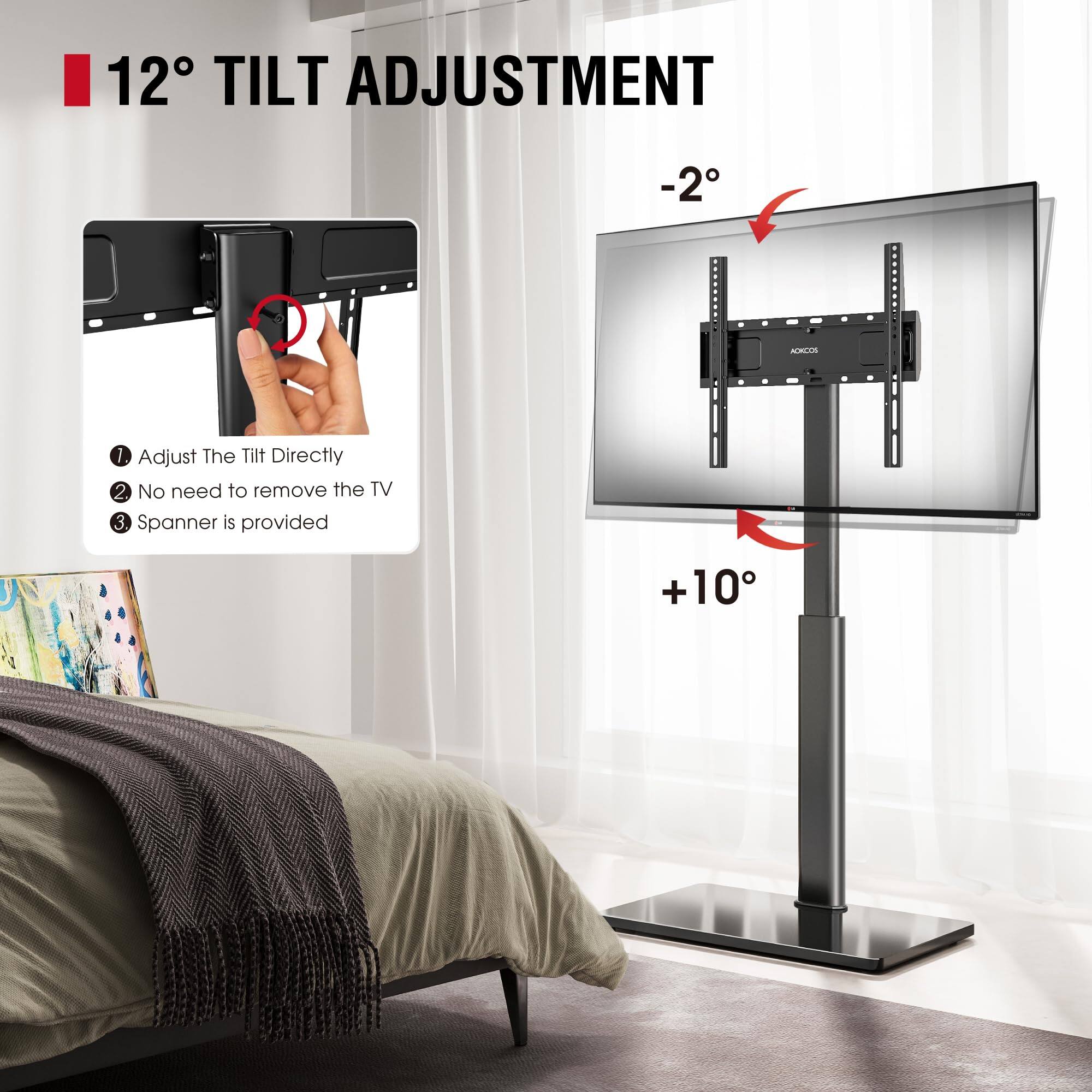 12° TILT ADJUSTMENT

1. Adjust The Tilt Directly
2. No need to remove the TV
3. Spanner is provided

-2°
+10°