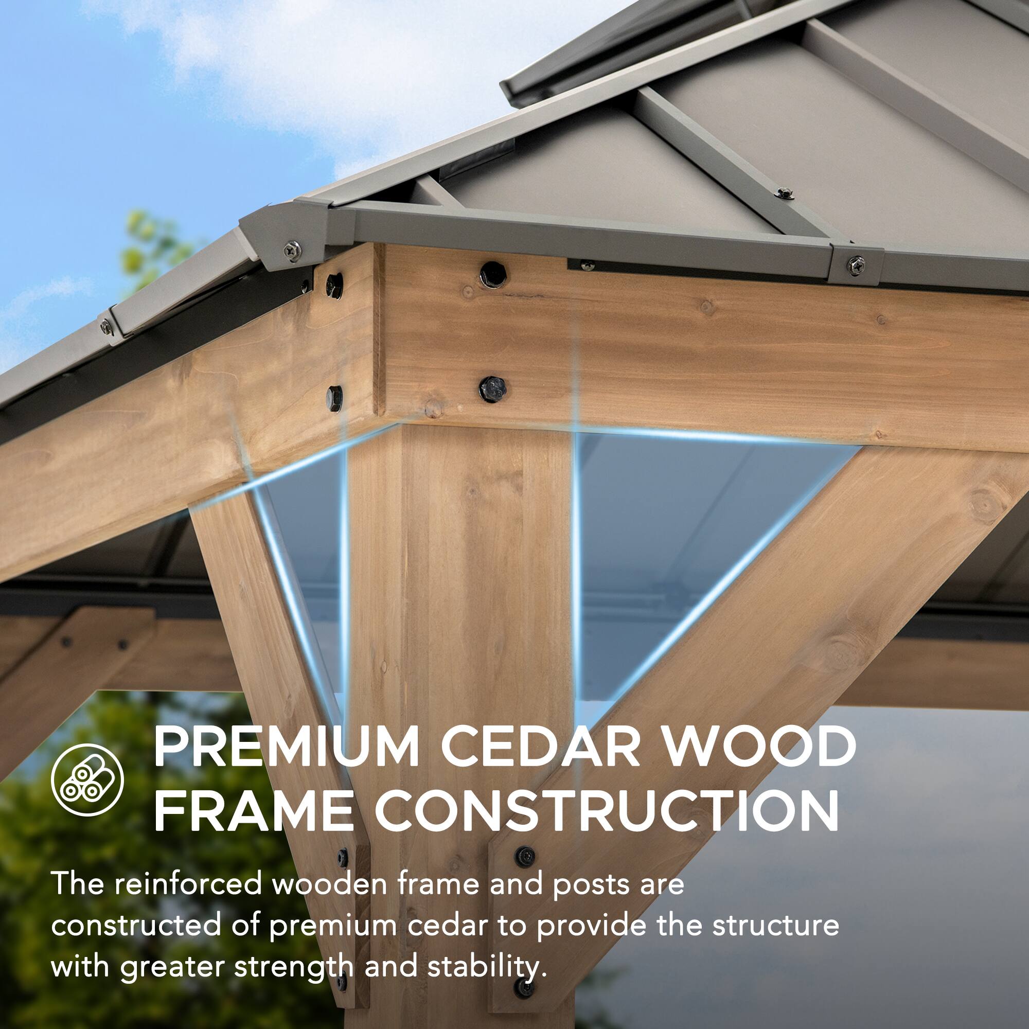 PREMIUM CEDAR WOOD FRAME CONSTRUCTION

The reinforced wooden frame and posts are constructed of premium cedar to provide the structure with greater strength and stability.