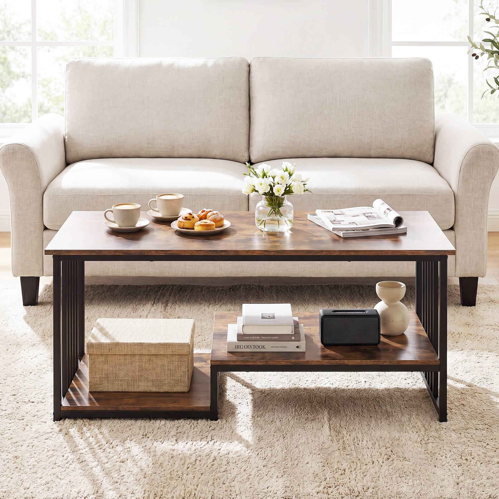 Alt View 3. Gymax - Gymax 2-Tier Coffee Table 43.5'' Industrial Rectangle Center Table w/Open Storage Shelf Rustic Brown & Black - Brown.