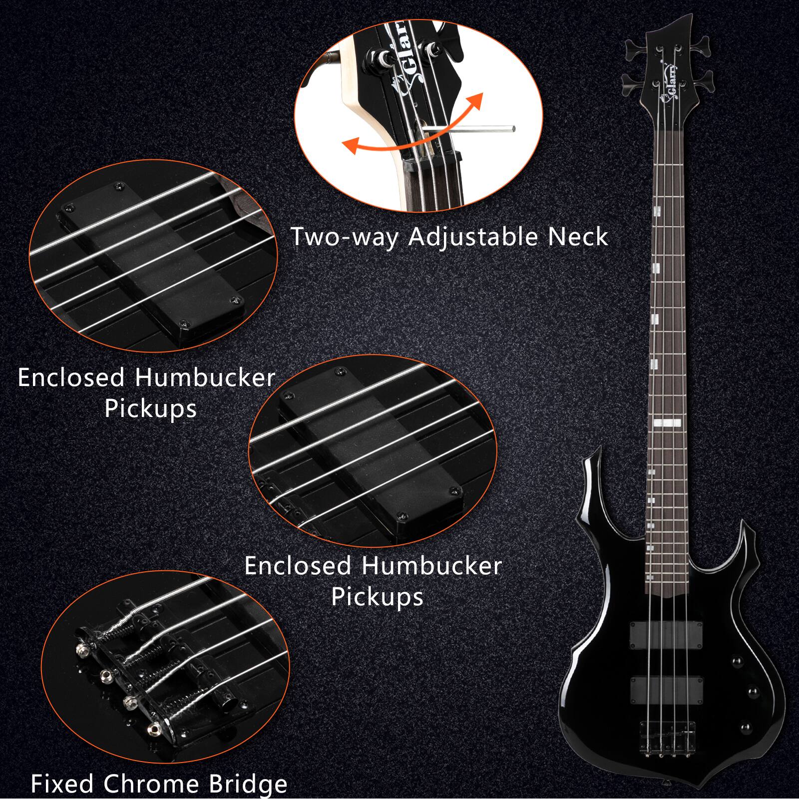Two-way Adjustable Neck  
Enclosed Humbucker Pickups  
Enclosed Humbucker Pickups  
Fixed Chrome Bridge