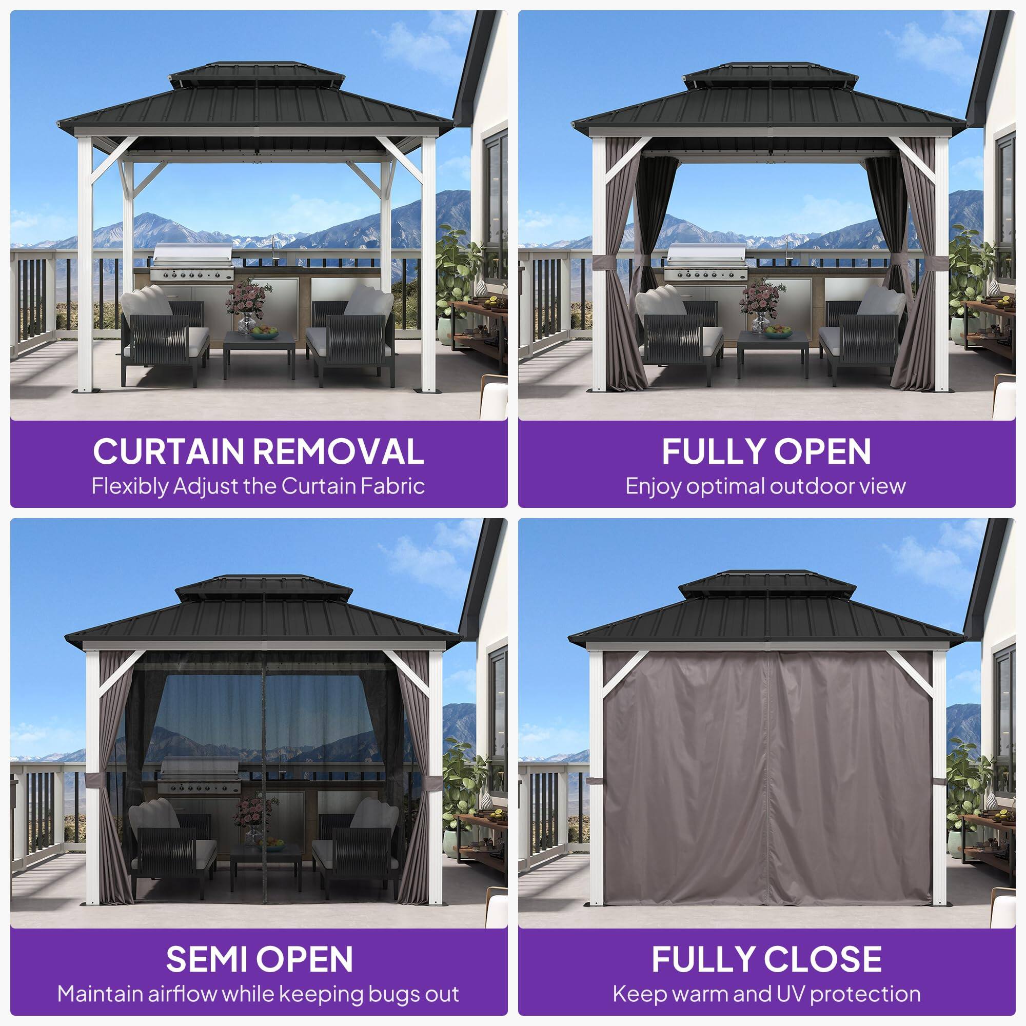 - CURTAIN REMOVAL
  Flexibly Adjust the Curtain Fabric

- FULLY OPEN
  Enjoy optimal outdoor view

- SEMI OPEN
  Maintain airflow while keeping bugs out

- FULLY CLOSE
  Keep warm and UV protection