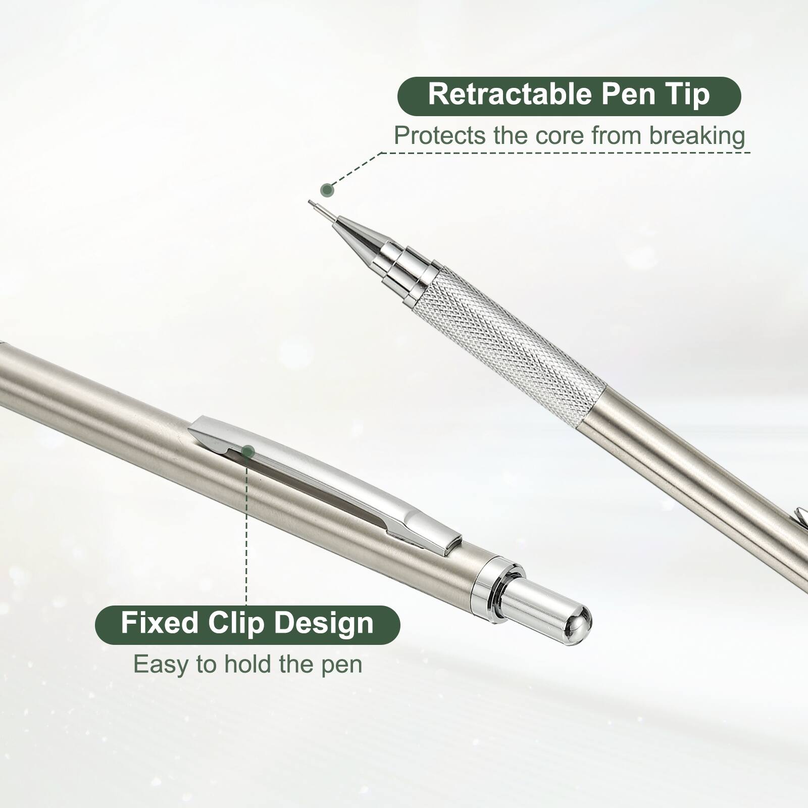 Retractable Pen Tip  
Protects the core from breaking  

Fixed Clip Design  
Easy to hold the pen