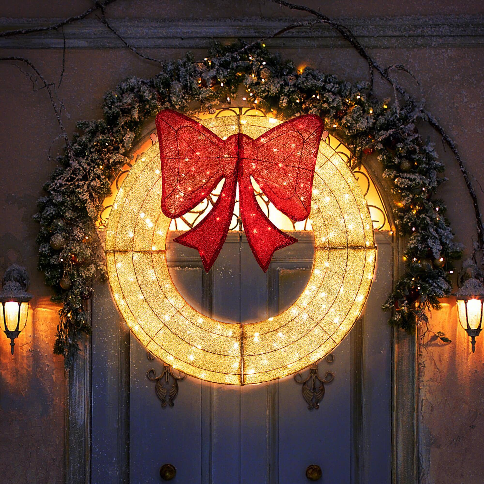 Alt View 5. Costway - Costway 48 Inch Pre-Lit Christmas Wreath with 200 LED Lights Red Bow Hanging Hooks - White.