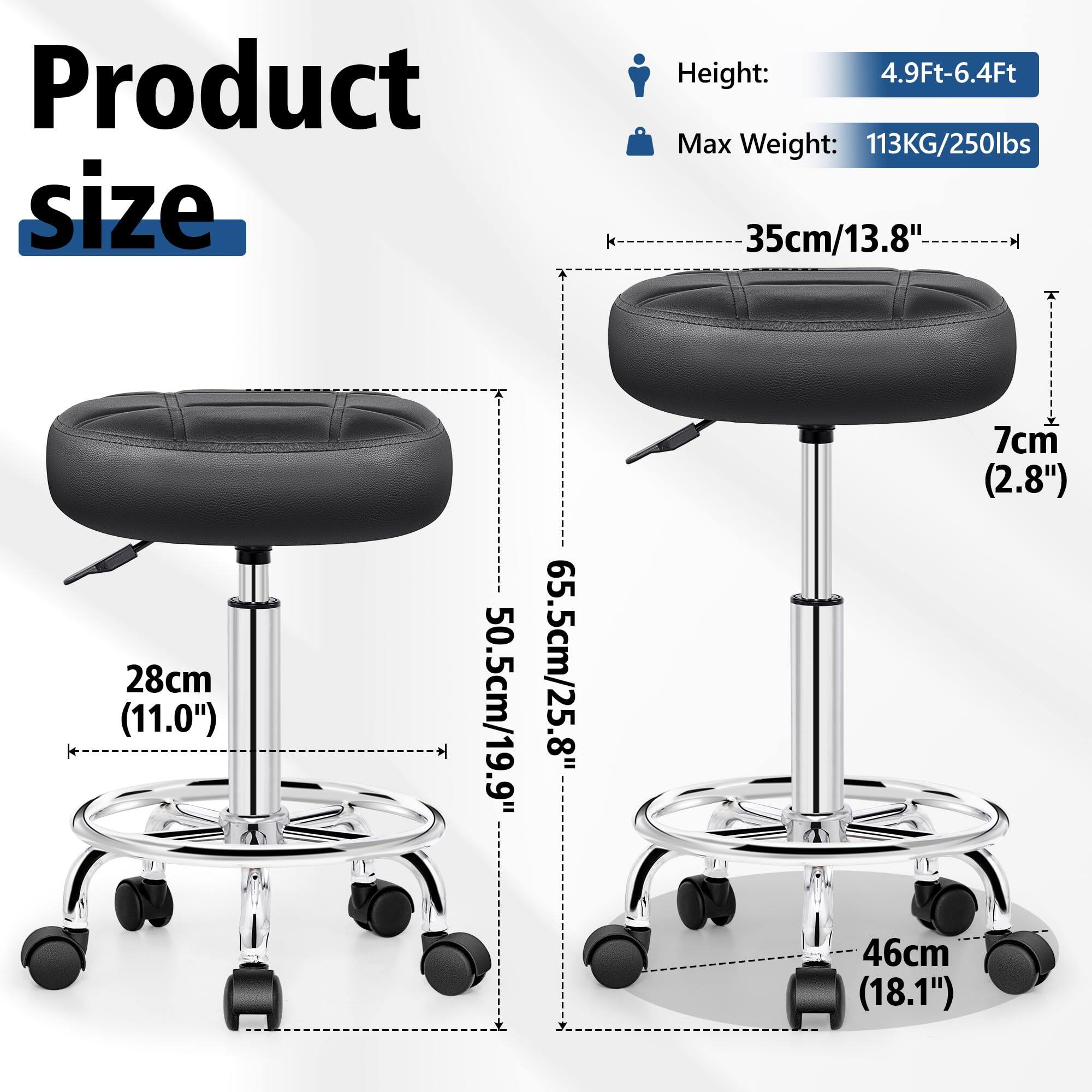 Product size

Height: 4.9Ft-6.4Ft  
Max Weight: 113KG/250lbs  

- Seat Diameter: 35cm/13.8"  
- Seat Height: 7cm (2.8")  
- Seat Base Diameter: 46cm (18.1")  
- Overall Height: 65.5cm/25.8"  
- Overall Width: 50.5cm/19.9"  
- Seat Base Diameter: 28cm (11.0")