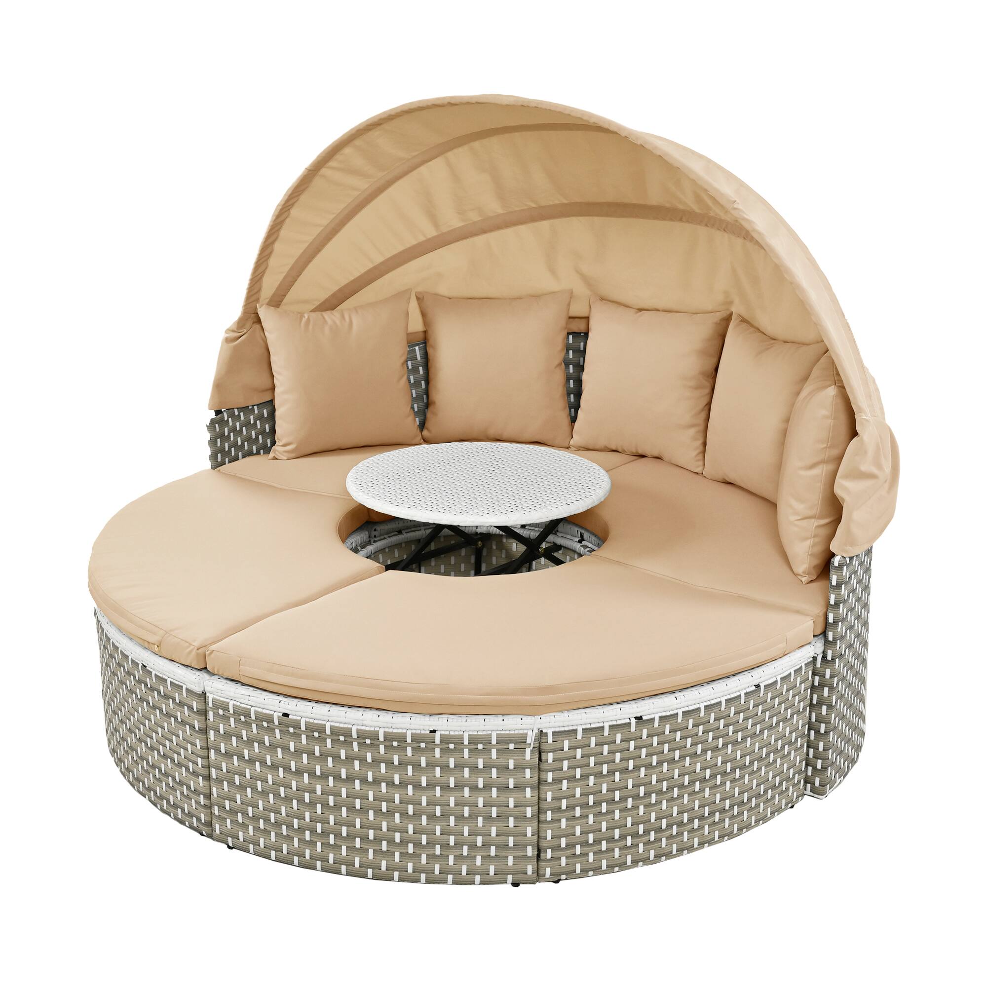 Alt View 1. Tiramisubest - Round Patio Sectional Rattan Daybed w/ Retractable Canopy,Two-Tone Weave,Separate Seating&Removable Cushion,Light Coffee - Light Coffee.