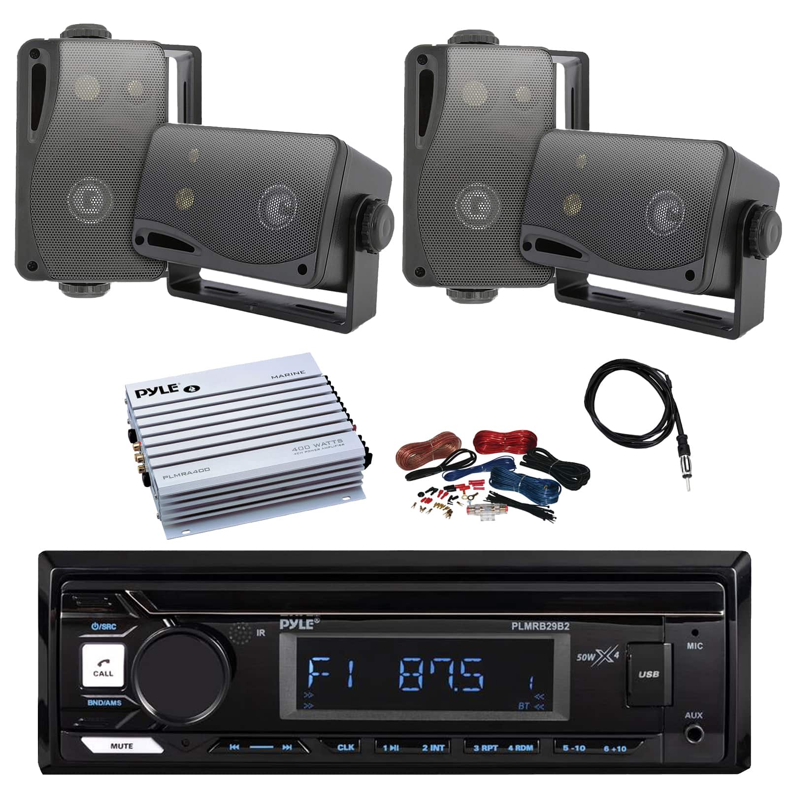 Pyle - Marine Bluetooth Stereo Receiver, 4x 3.5'' 200W 3-Way Indoor/Outdoor Audio Speakers, Amplifier w/Kit, Radio Antenna