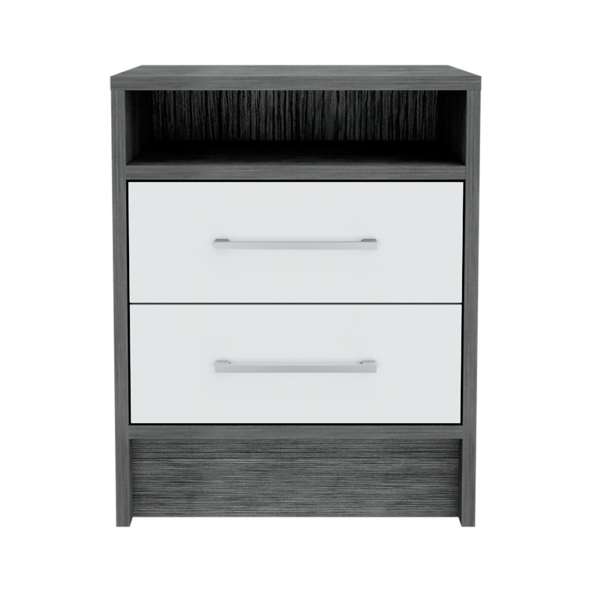 Angle. Loheer - Loheer Two Drawer Nightstand with Open Shelf, Smoky Oak and White, Modern Bedroom Storage - Smoky Oak and White.