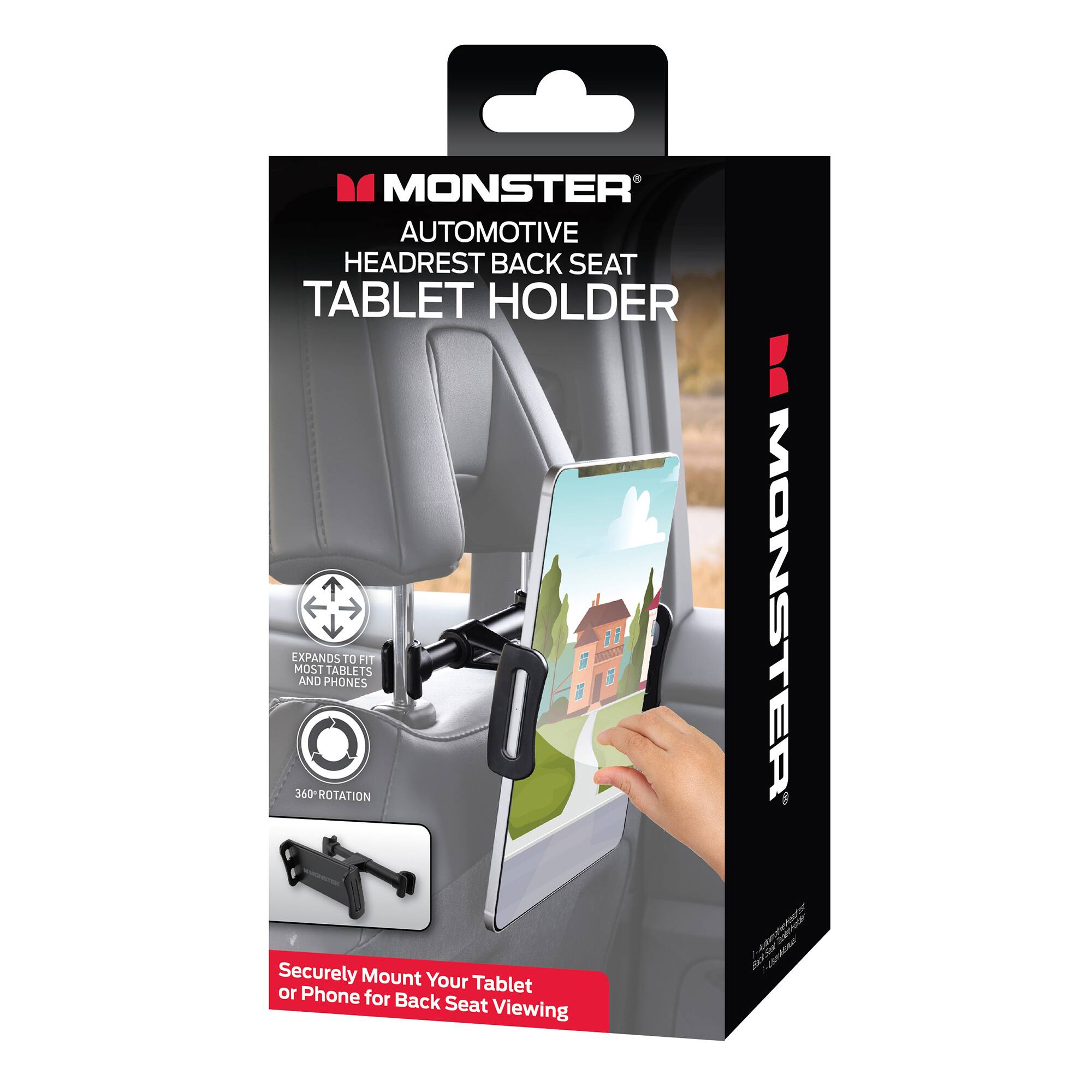 MONSTER AUTOMOTIVE HEADREST BACK SEAT TABLET HOLDER EXPANDS TO FIT MOST TABLETS AND PHONES 360° ROTATION Securely Mount Your Tablet or Phone for Back Seat Viewing
