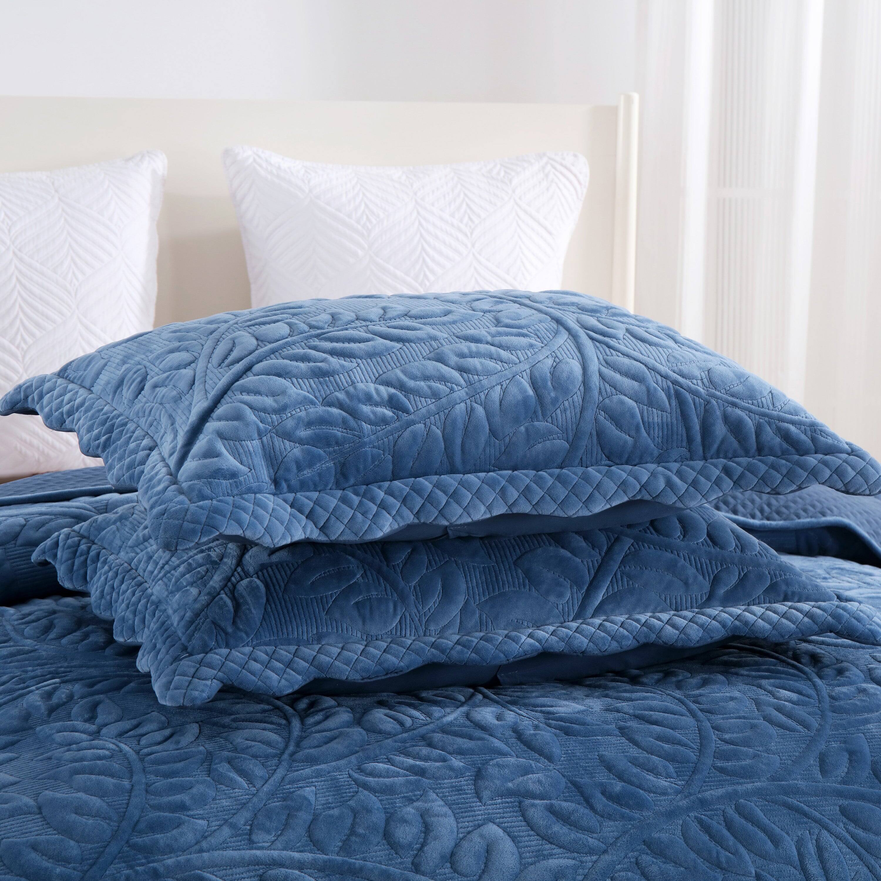 Alt View 1. MarCielo - Marcielo 3Pc Luxury Velvet Oversized Embroidery Soft and Plush Quilt Set - Midtone Blue.