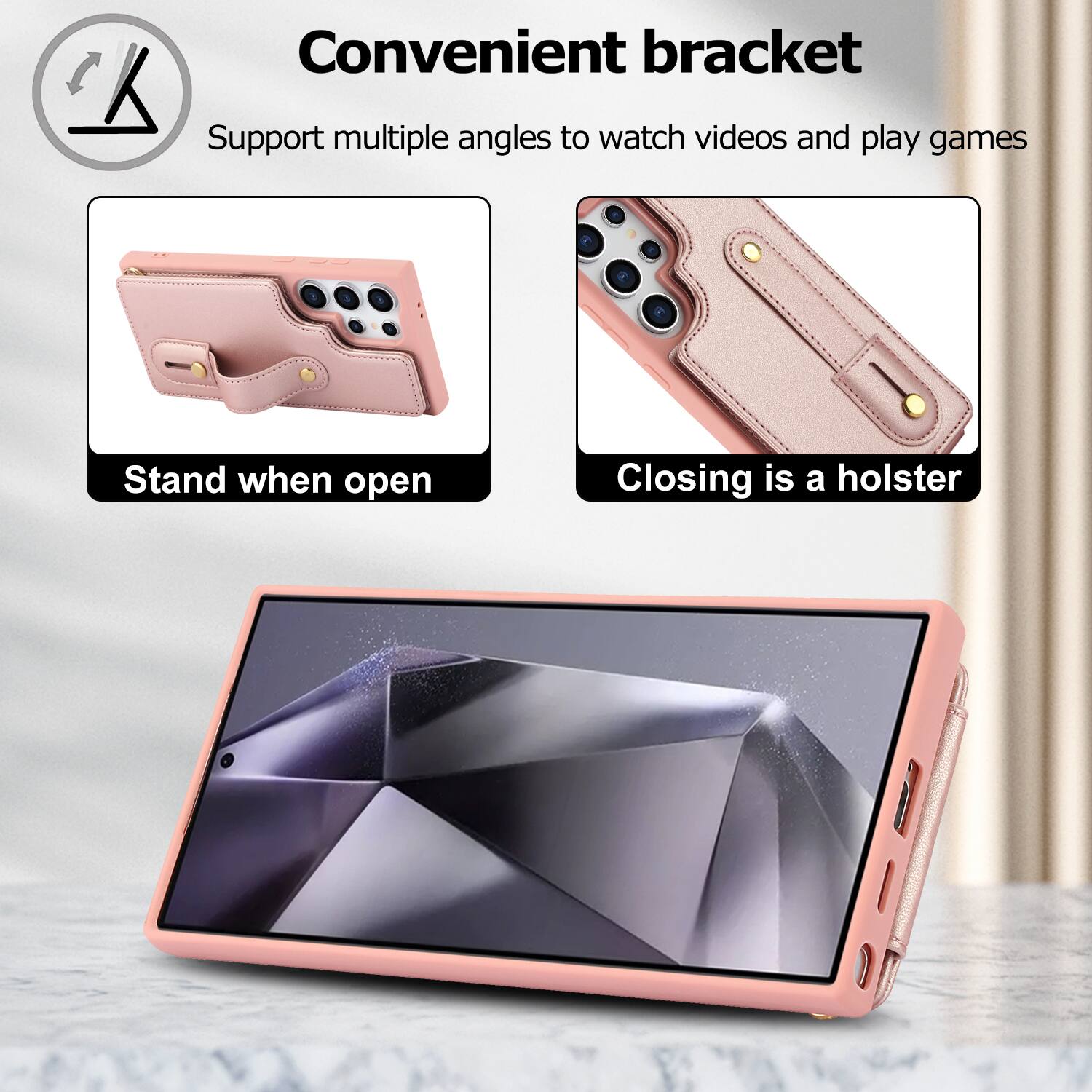 Convenient bracket  
Support multiple angles to watch videos and play games  
Stand when open  
Closing is a holster