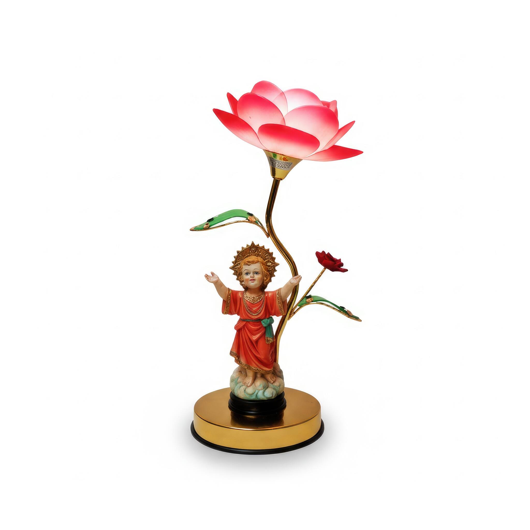 Angle. FC Design - 16"H Red Welcome Santo Niño Statue with Rose Gold Color Base Touch Lamp.