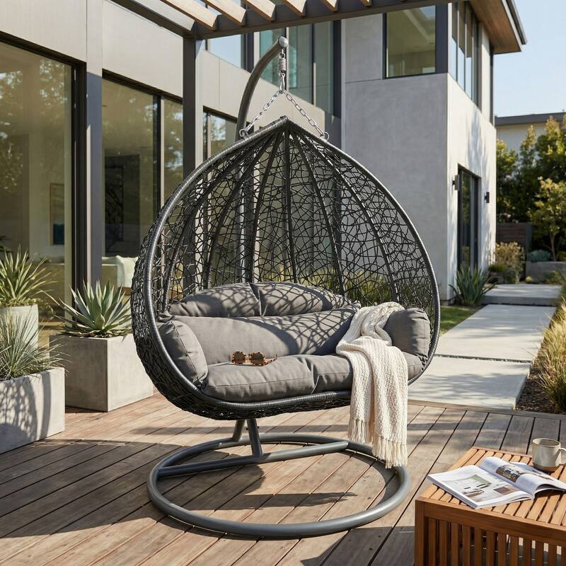 Angle. LeisureMod - Recluse Teardrop Grey Wicker Hanging Egg Chair - Modern Indoor Outdoor Swing with Stand & Quick-Dry Cushion - Graphite Grey.