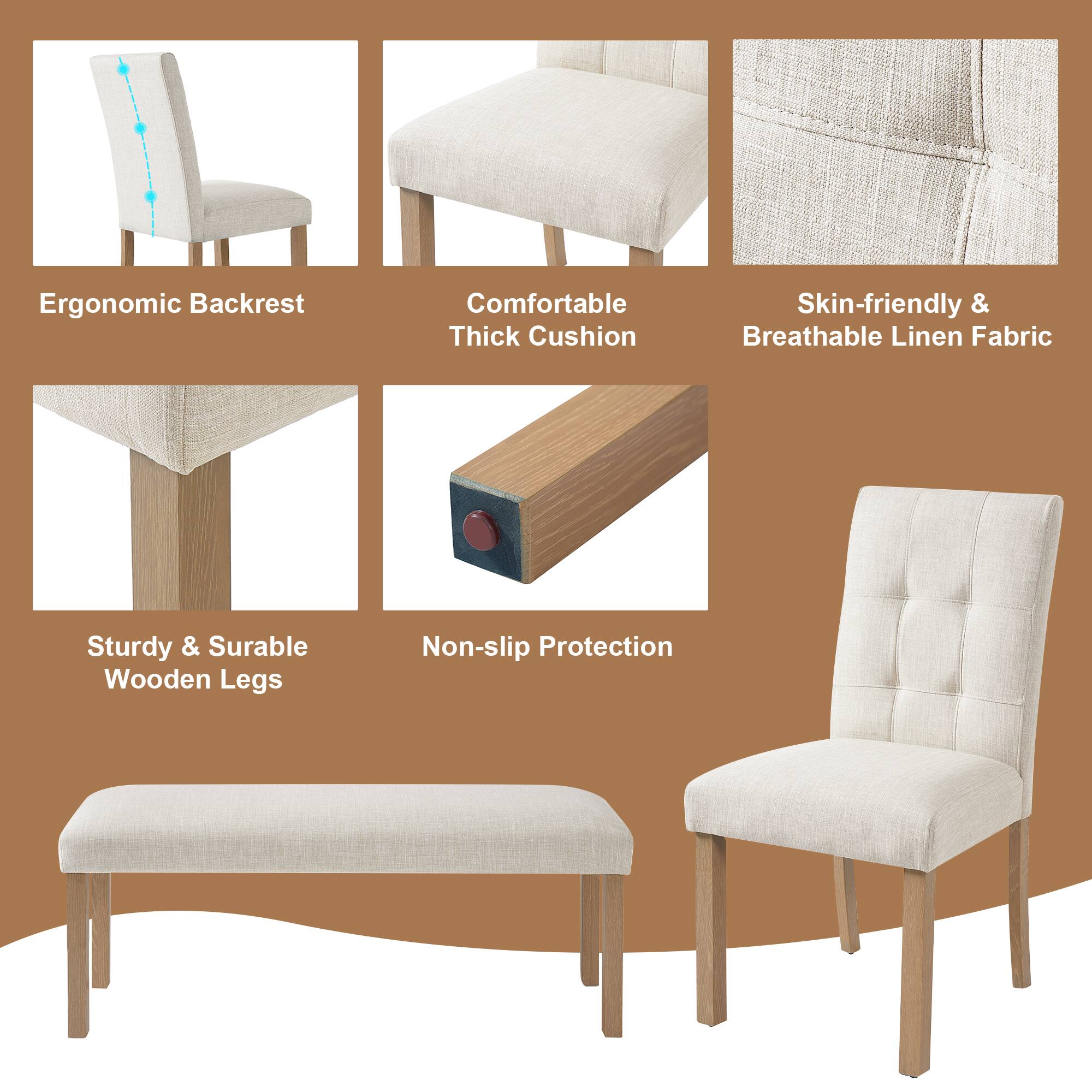 - Ergonomic Backrest
- Comfortable Thick Cushion
- Skin-friendly & Breathable Linen Fabric
- Sturdy & Surable Wooden Legs
- Non-slip Protection