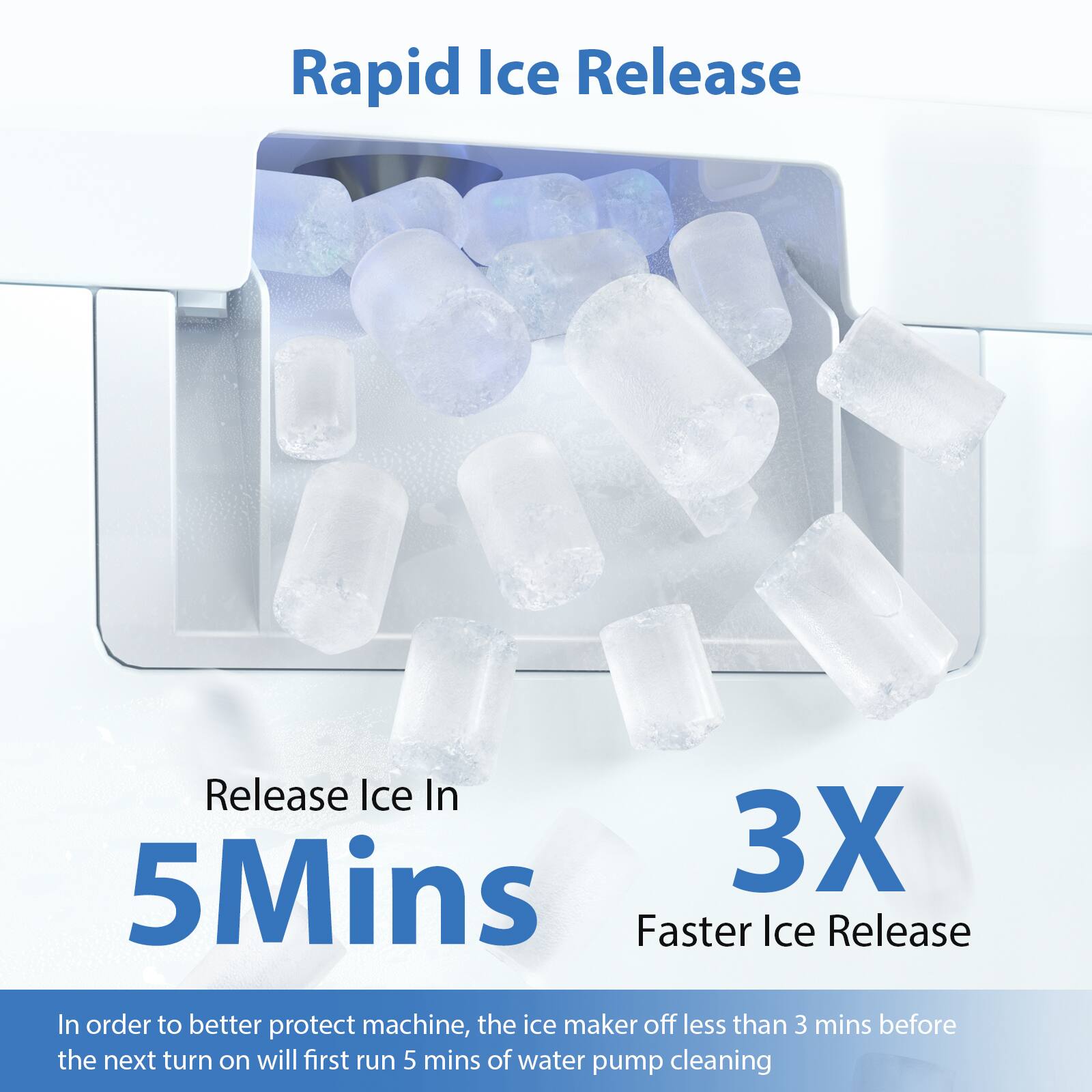 Rapid Ice Release

Release Ice In 5 Mins

3X Faster Ice Release

In order to better protect the machine, the ice maker off less than 3 mins before the next turn on will first run 5 mins of water pump cleaning.