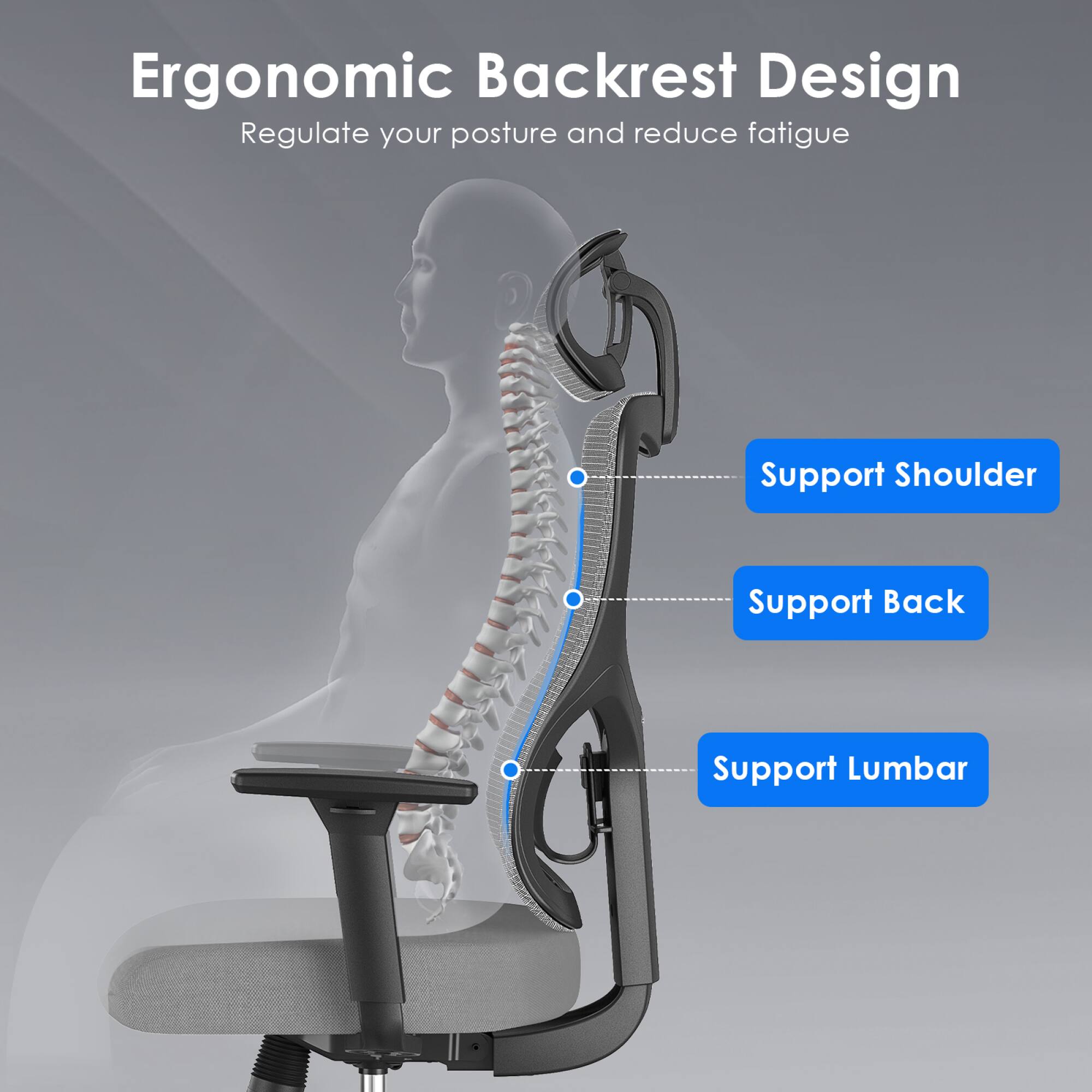 Ergonomic Backrest Design  
Regulate your posture and reduce fatigue  

- Support Shoulder  
- Support Back  
- Support Lumbar
