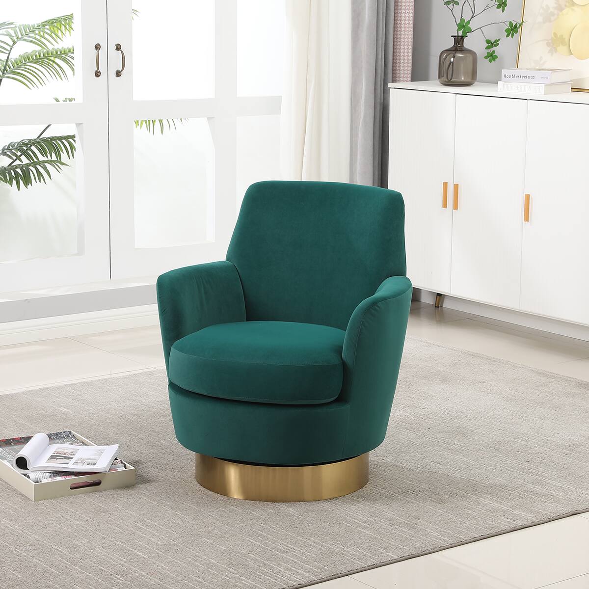 Alt View 2. Trinkets Crazed - Swivel Barrel Chair,Modern Comfy Velvet Upholstered Round Swivel Accent Chairst,360 Degree Single Sofa Chair Armchair - Emerald.