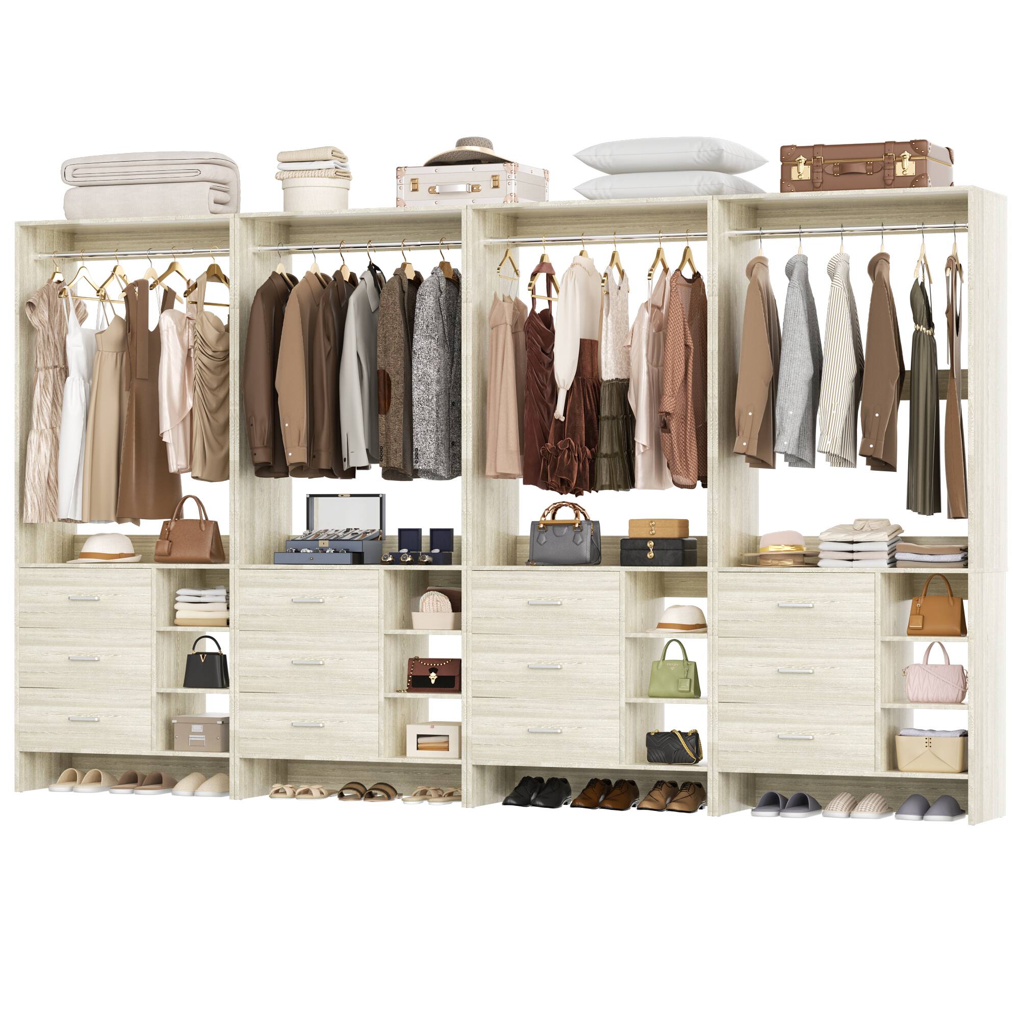 Alt View 4. Aheaplus - 10FT Large Closet System 4-Piece Set with 12 Drawers, 118'' Walk-in Closet Organizer with Hanging Rods for Closet - Beige Oak.
