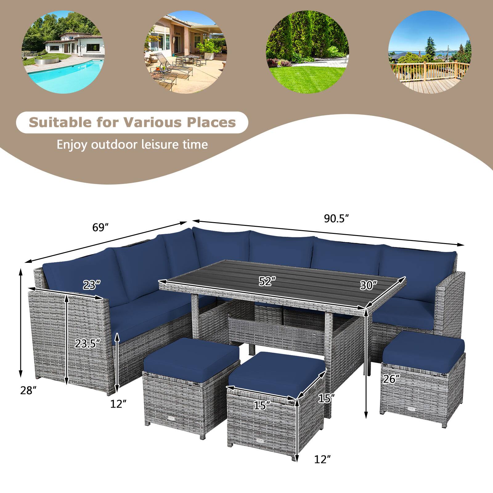 Suitable for Various Places  
Enjoy outdoor leisure time  

69" 90.5" 23" 52" 30" 23.5" 28" 12" 15" 15" 26" 12"