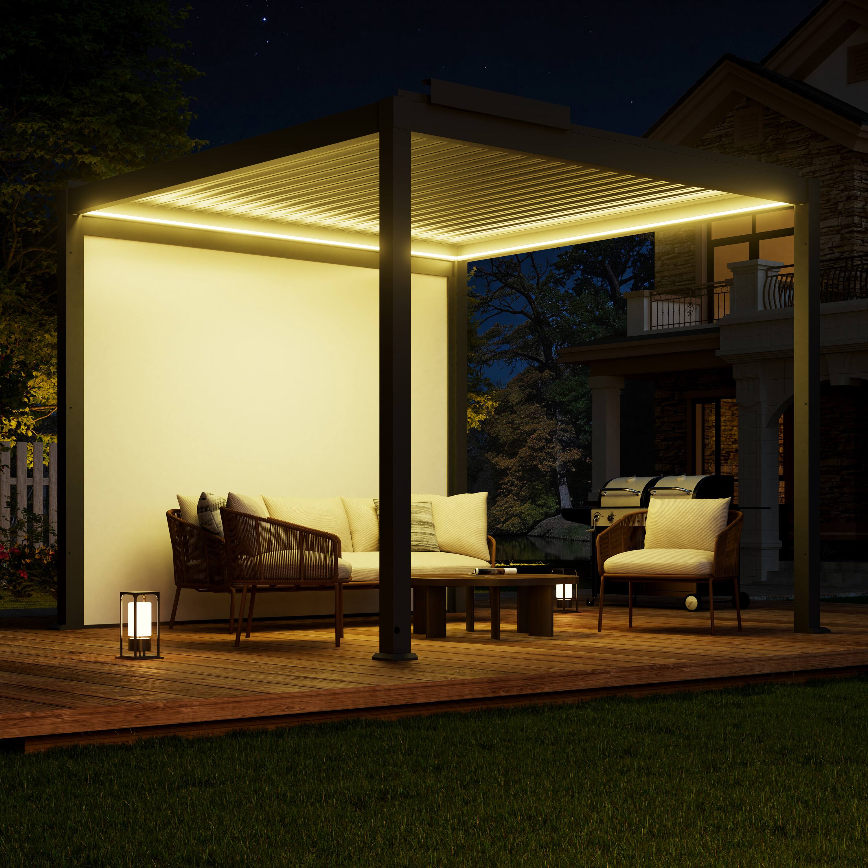 Angle. Mondawe - 10x10FT Electric Aluminum Louver Pergola with LED Lights and Motorized Outdoor Projector Screen - Gray.