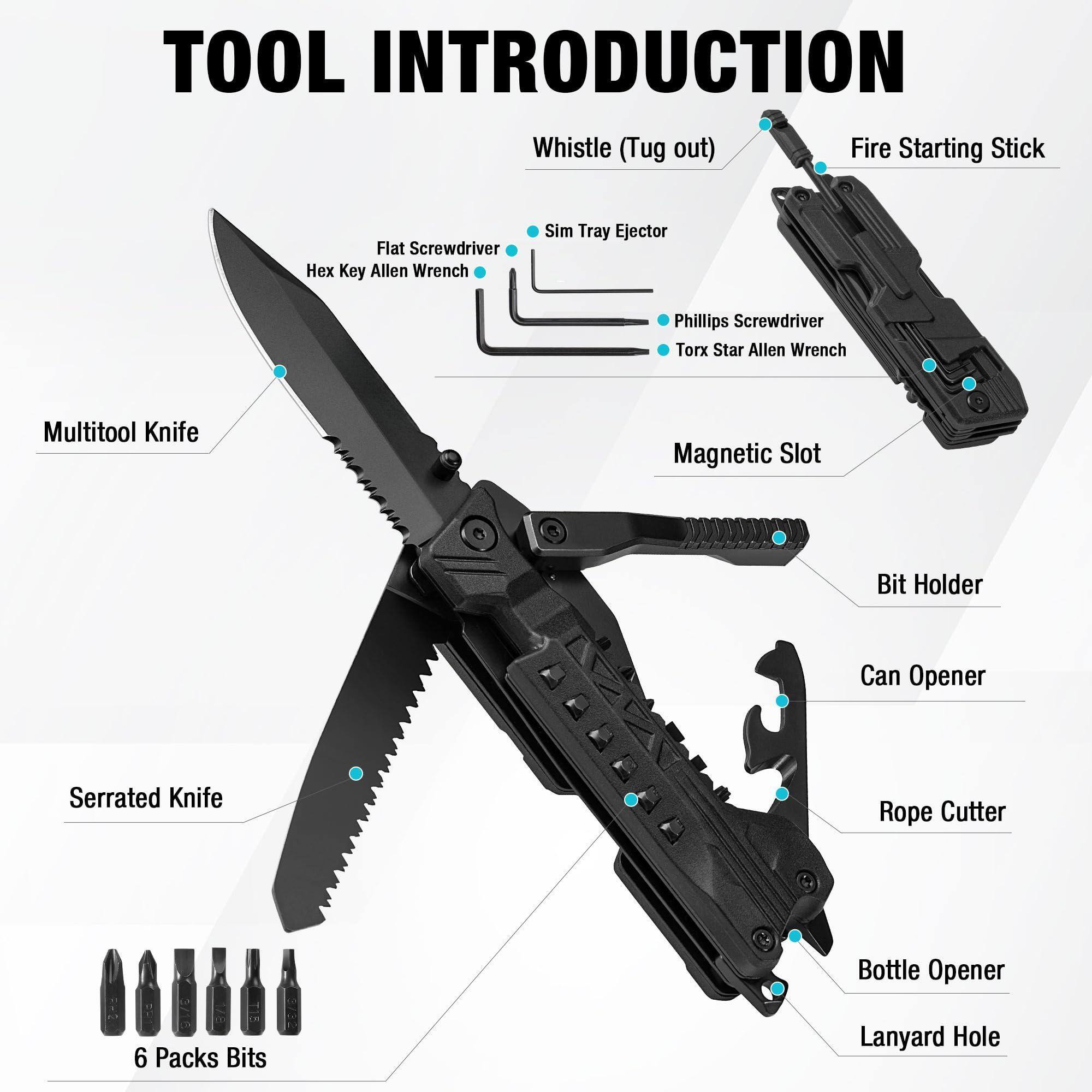 TOOL INTRODUCTION

- Multitool Knife
- Whistle (Tug out)
- Fire Starting Stick
- Sim Tray Ejector
- Flat Screwdriver
- Hex Key Allen Wrench
- Phillips Screwdriver
- Torx Star Allen Wrench
- Magnetic Slot
- Bit Holder
- Can Opener
- Serrated Knife
- Rope Cutter
- Bottle Opener
- Lanyard Hole
- 6 Packs Bits