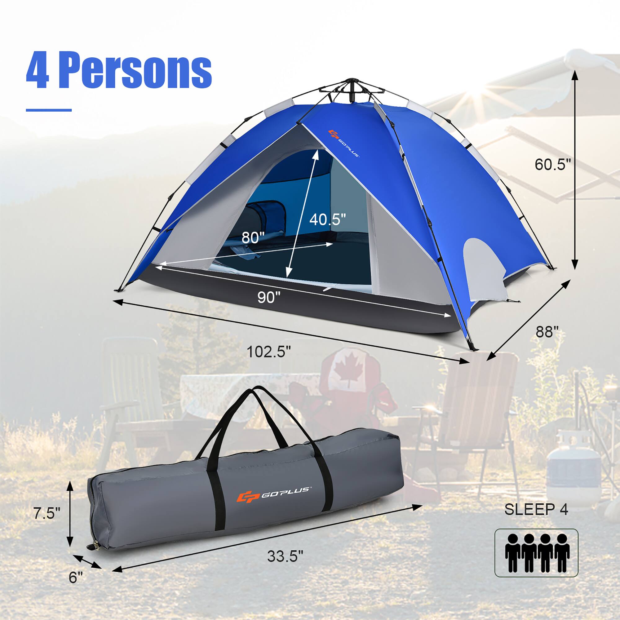 4 Persons: 60.5" x 80" x 40.5" x 90"
World's Best Sleeping Bag: 6" x 33.5"