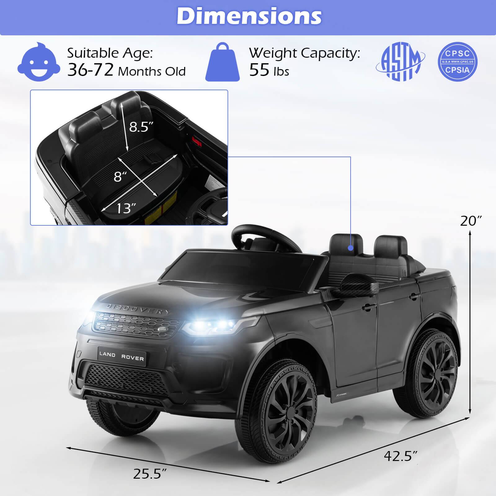 Dimensions  
Suitable Age: 36-72 Months Old  
Weight Capacity: 55 lbs  

8.5"  
8"  
13"  
20"  
25.5"  
42.5"  

ASTM  
CPSIA  
CPSIA