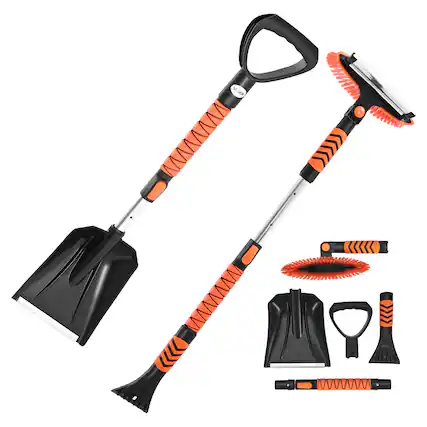 Front. VEVOR - Snow Shovel and Snow Brush, 42 in Extendable Snows Broom & Ice Scraper with 180° Pivoting Brush Head, Non-Slip Grip - Black+Orange.