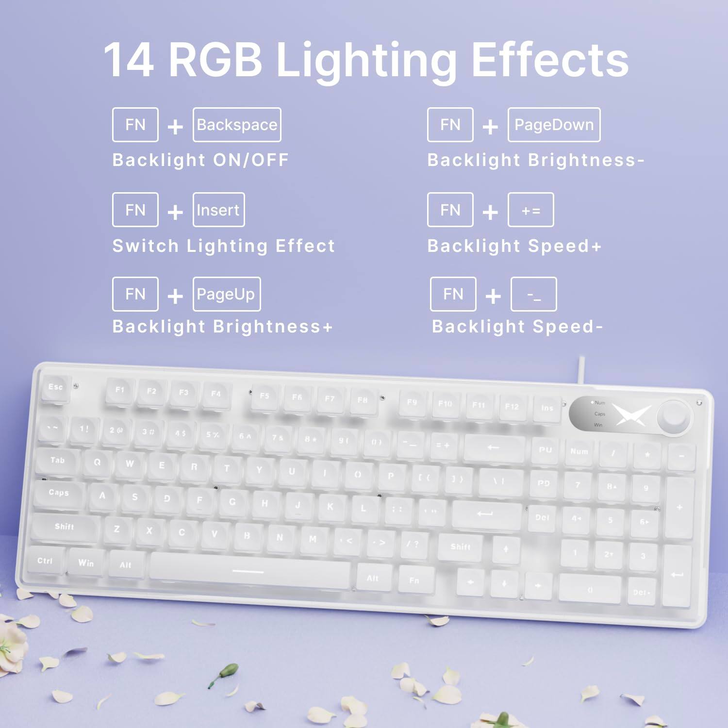 14 RGB Lighting Effects

- FN + Backspace: Backlight ON/OFF
- FN + Insert: Switch Lighting Effect
- FN + PageUp: Backlight Brightness+
- FN + PageDown: Backlight Brightness-
- FN + +=: Backlight Speed+
- FN + -: Backlight Speed-