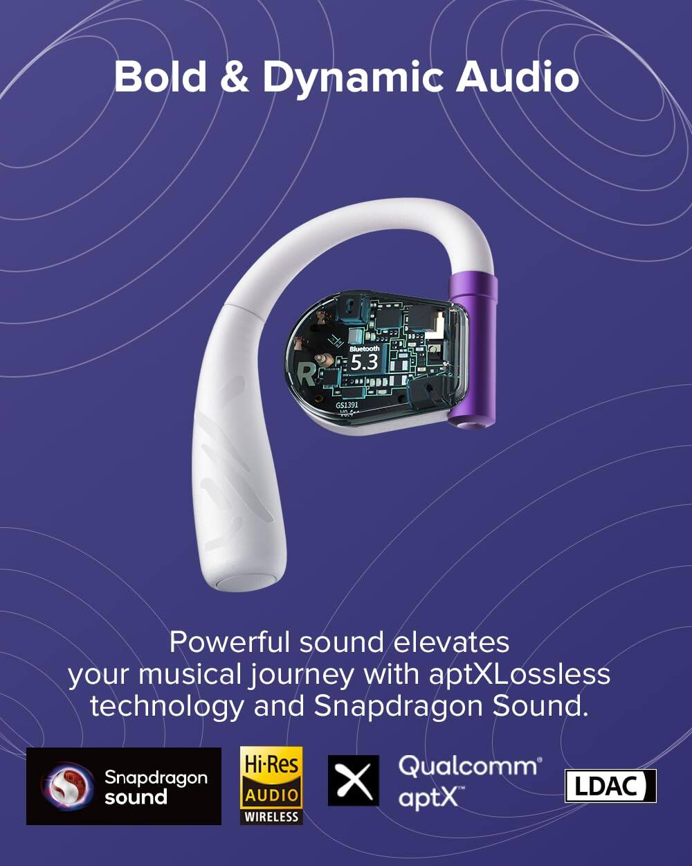 Bold & Dynamic Audio

R Bluetooth 5.3 GS1391

Powerful sound elevates your musical journey with aptXLossless technology and Snapdragon Sound.

Hi-Res Snapdragon sound AUDIO WIRELESS
Qualcomm X aptX LDAC