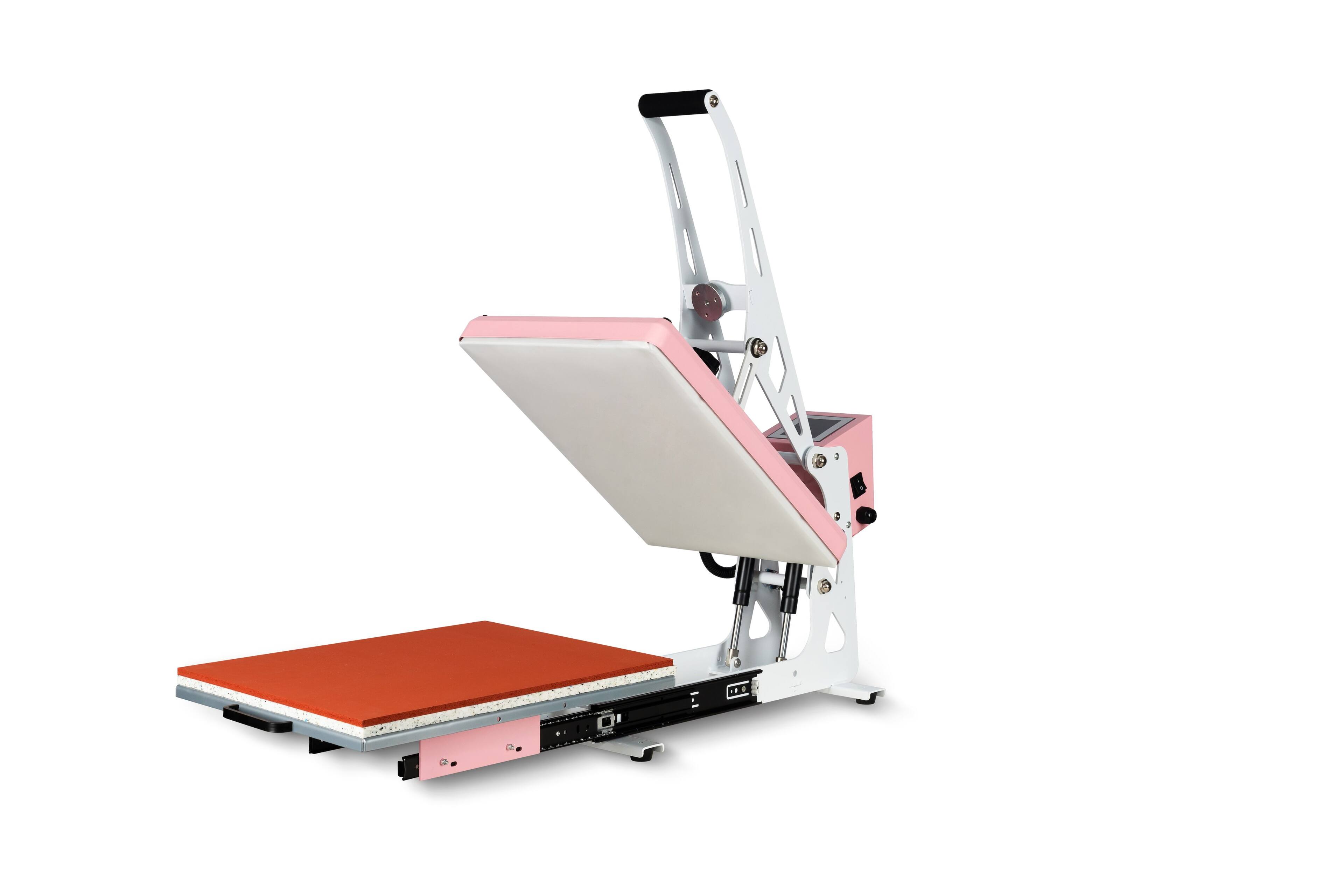 Front. ELEMENT ACE - 13x18 Inch Semi-Automatic Heat Press Machine with Auto Open & Slide-Out Base - Pink+White.