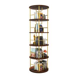APRILSOUL - 5 Tier Rotating Bookshelf 360 WoodMetal Gold Floor Standing Office - Golden
