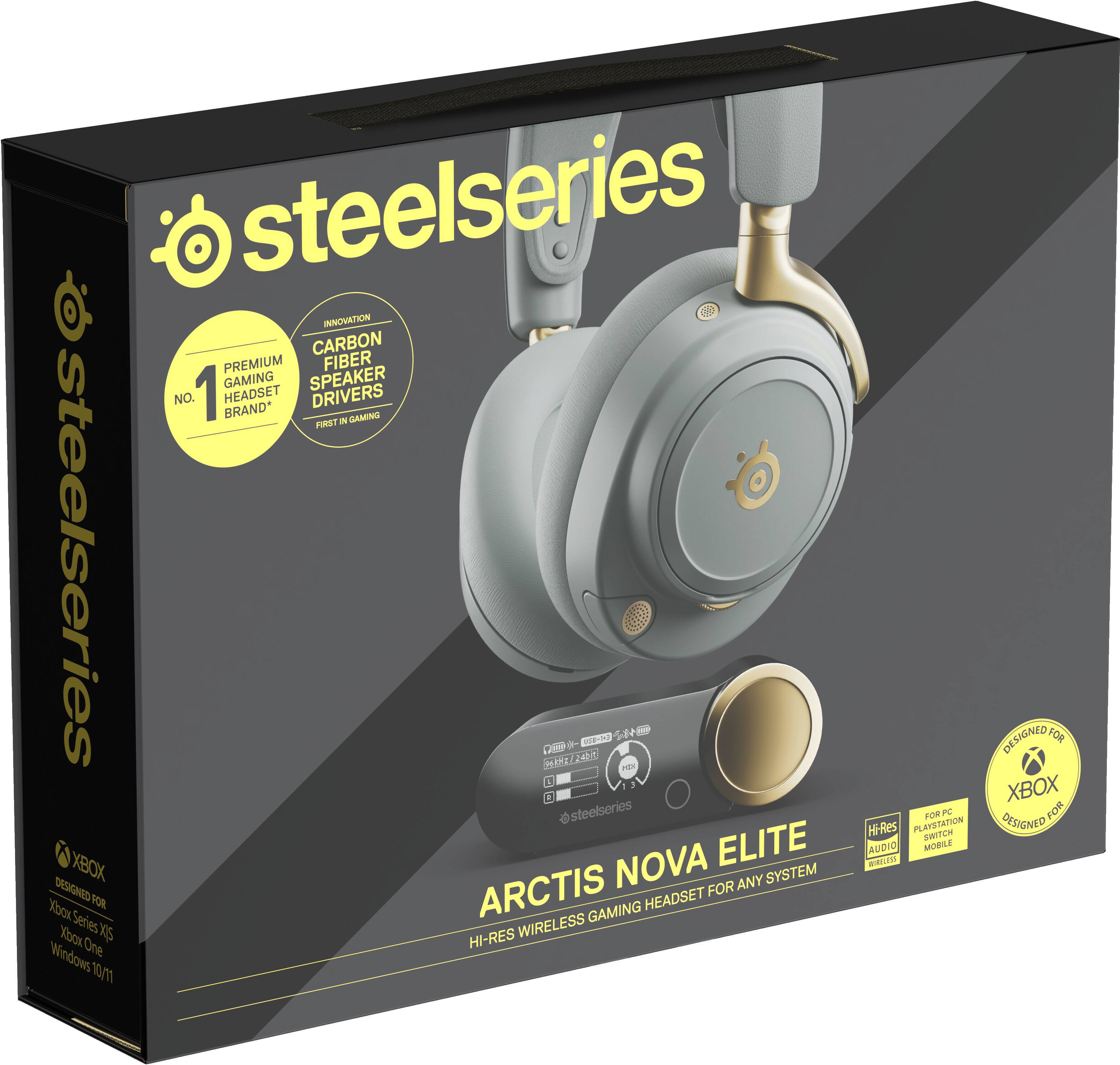 steelseries  
steelseries  
steelseries  

1. PREMIUM GAMING HEADSET BRAND*  
   INNOVATION CARBON FIBER SPEAKER DRIVERS  
   FIRST IN GAMING  

ARCTIS NOVA ELITE  
HI-RES WIRELESS GAMING HEADSET FOR ANY SYSTEM  

DESIGNED FOR  
XBOX  
Xbox Series X|S  
Xbox One  
Windows 10/11  

DESIGNED FOR  
XBOX  

FOR PC  
PLAYSTATION  
SWITCH  
MOBILE  

Hi-Res  
AUDIO  
QUALITY  

steelseries