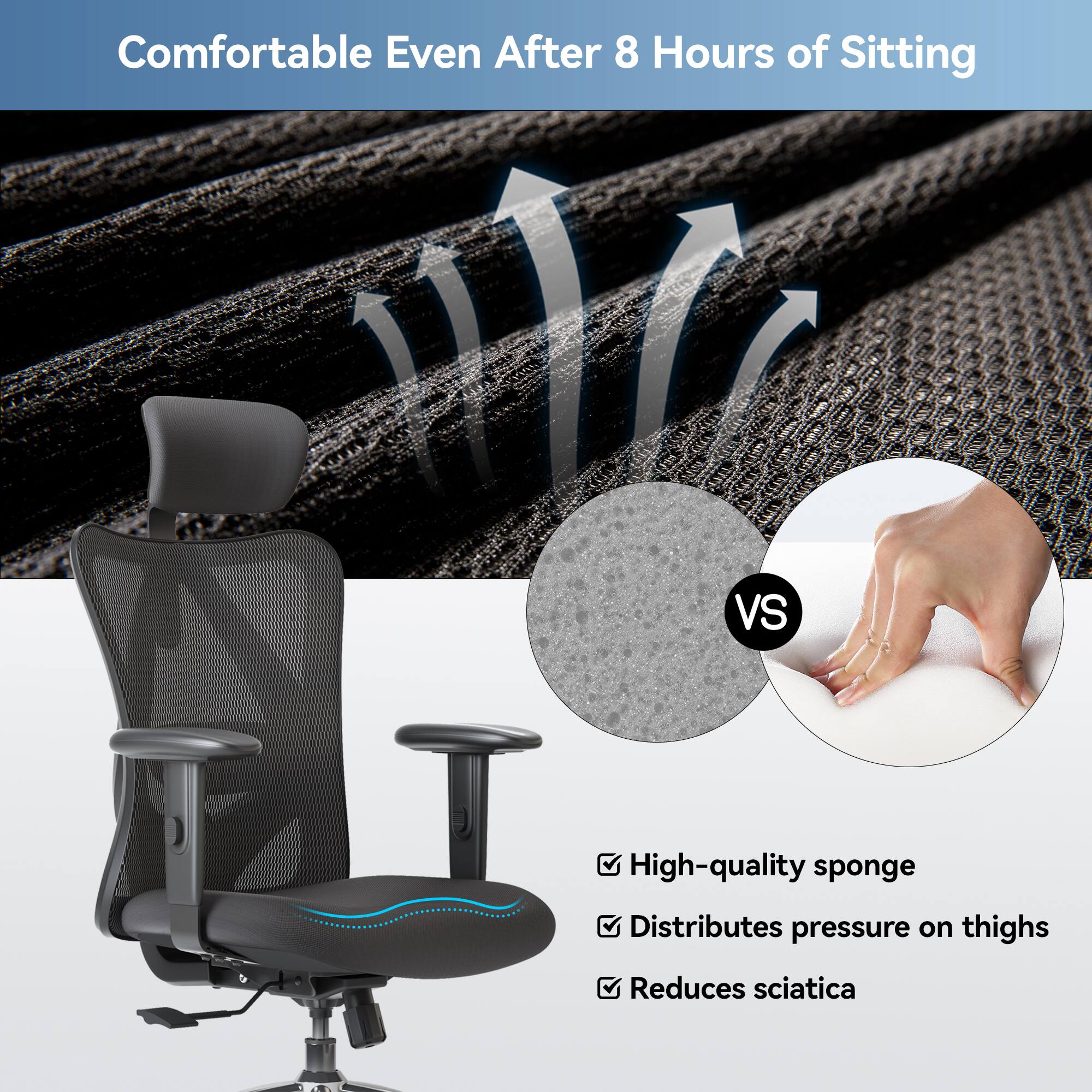 Comfortable Even After 8 Hours of Sitting

VS

High-quality sponge
Distributes pressure on thighs
Reduces sciatica